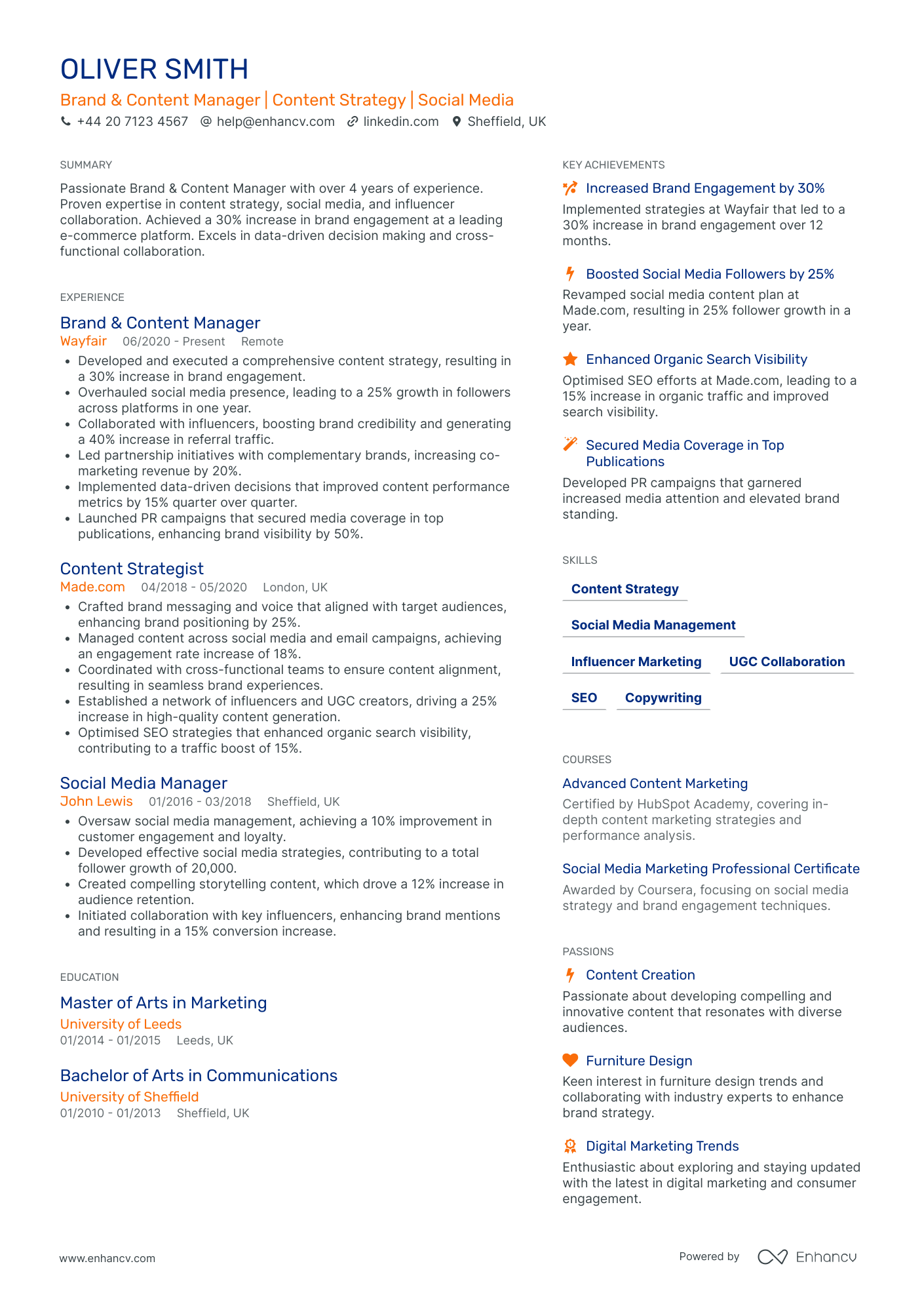 Content and Brand Manager Resume Example