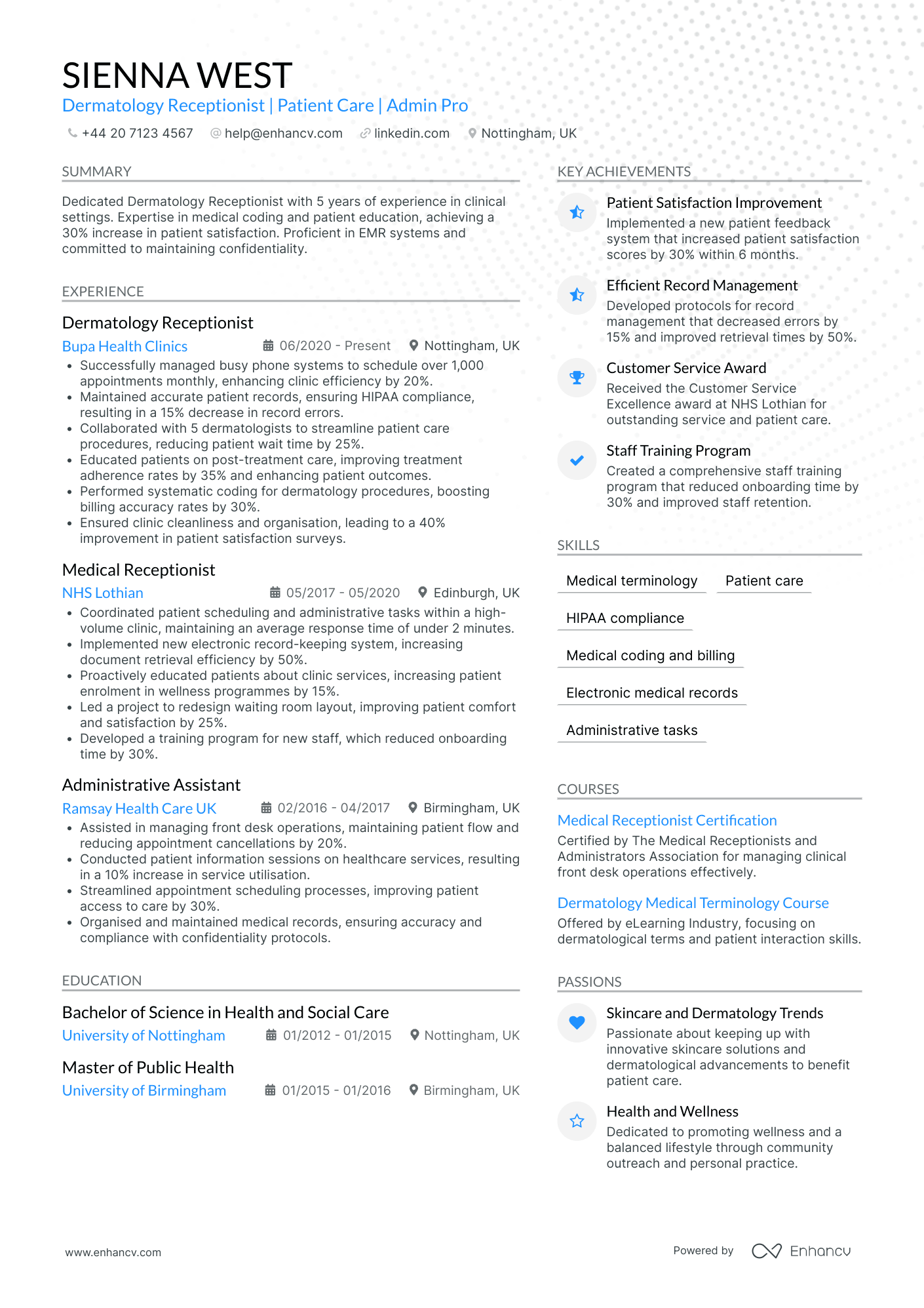 Medical Receptionist in Dermatology Clinic Resume Example