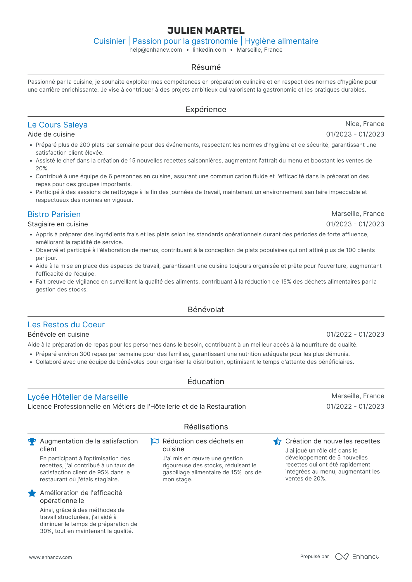 Aide de cuisine Resume Example