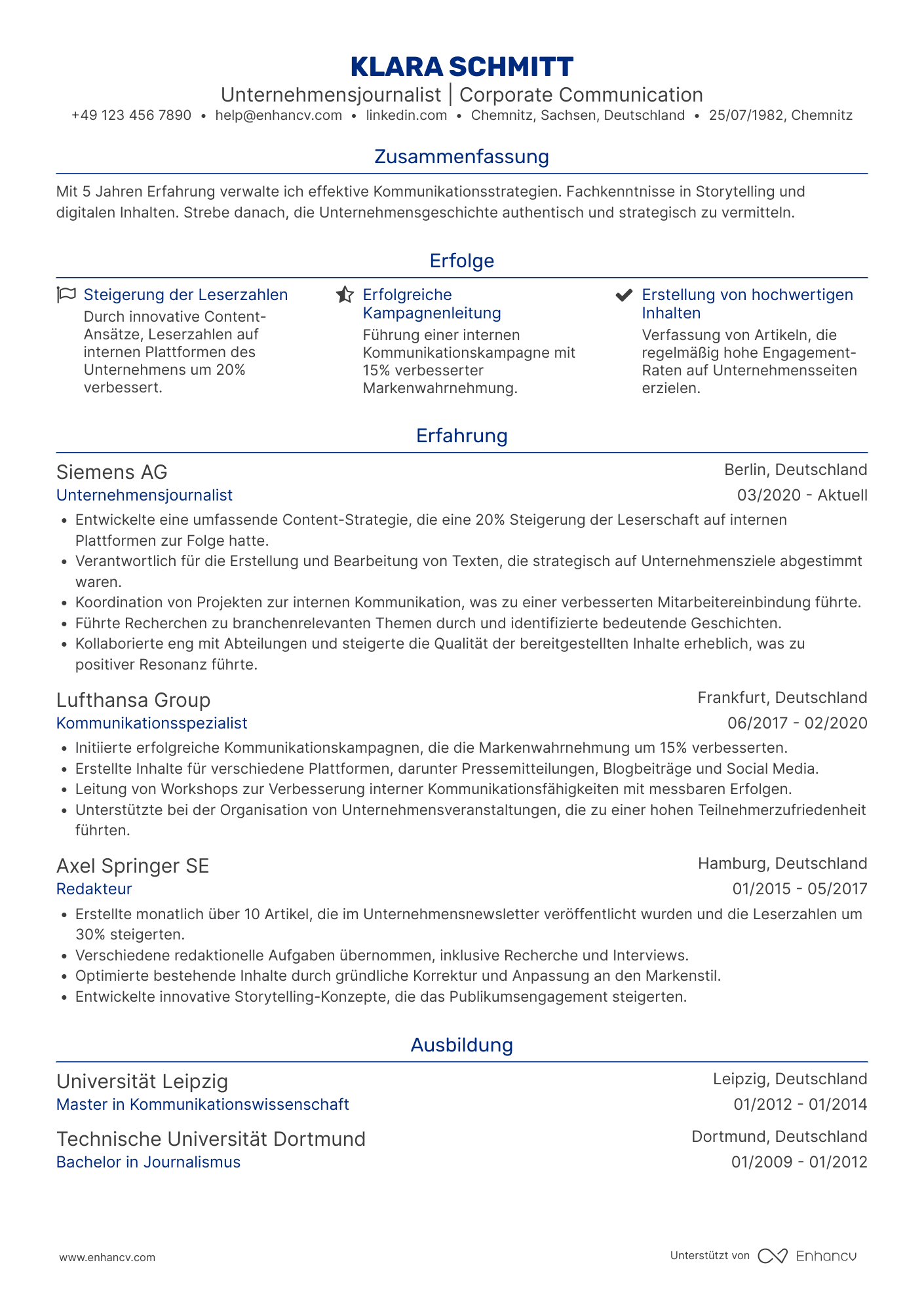 Lebenslauf als Unternehmensjournalist Resume Example