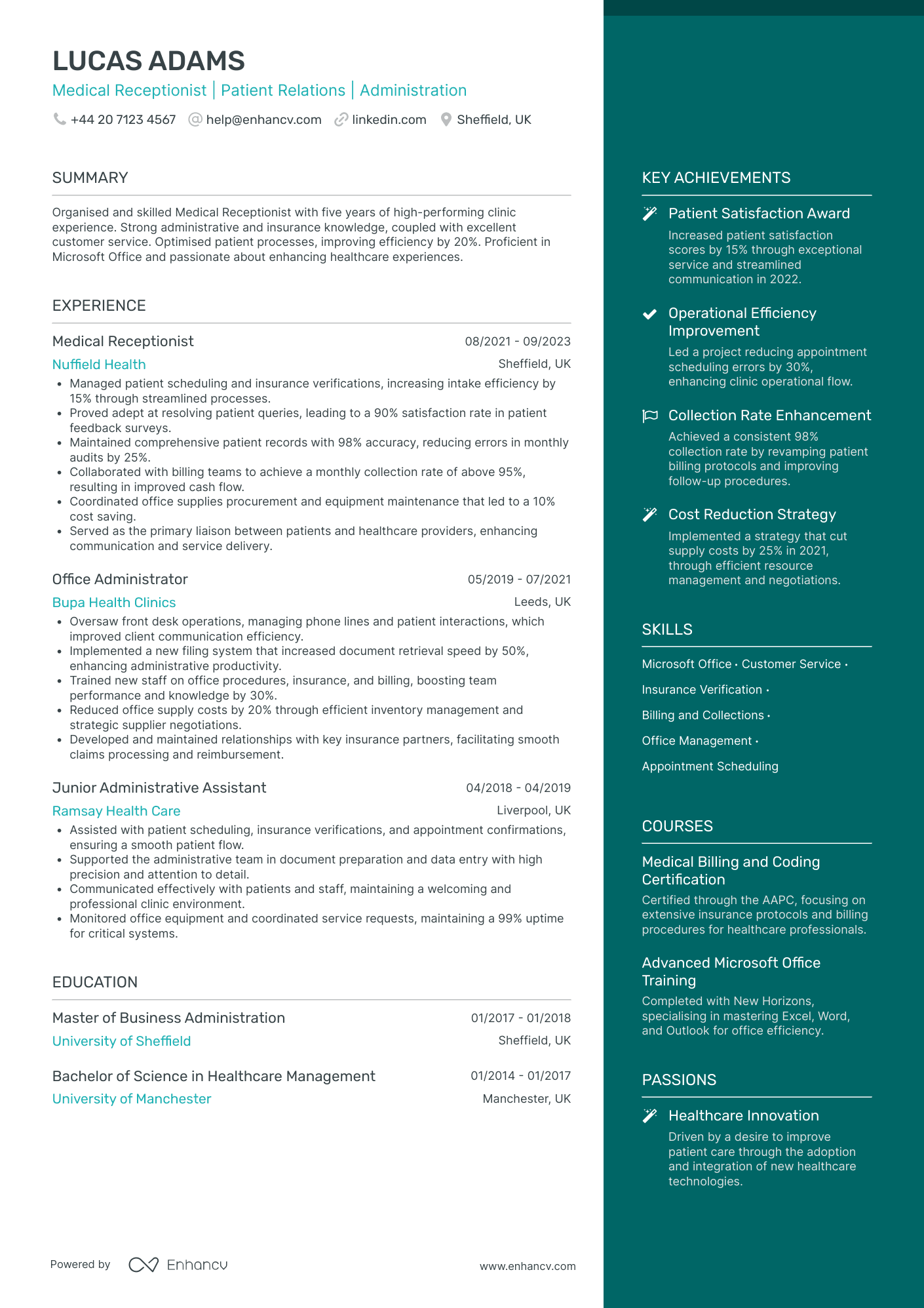 Medical Receptionist in Physiotherapy Clinic Resume Example