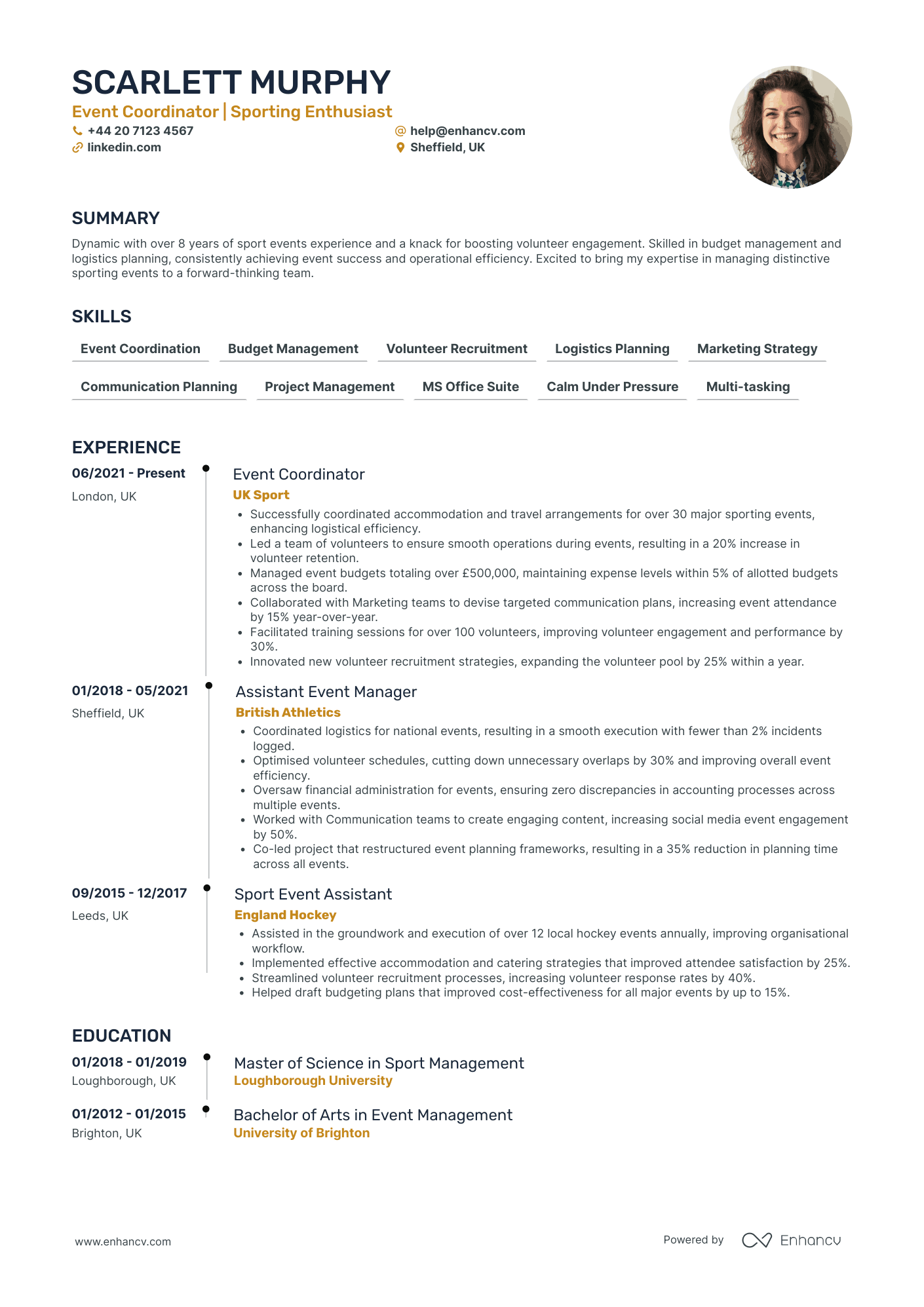 Sports Event Coordinator Resume Example