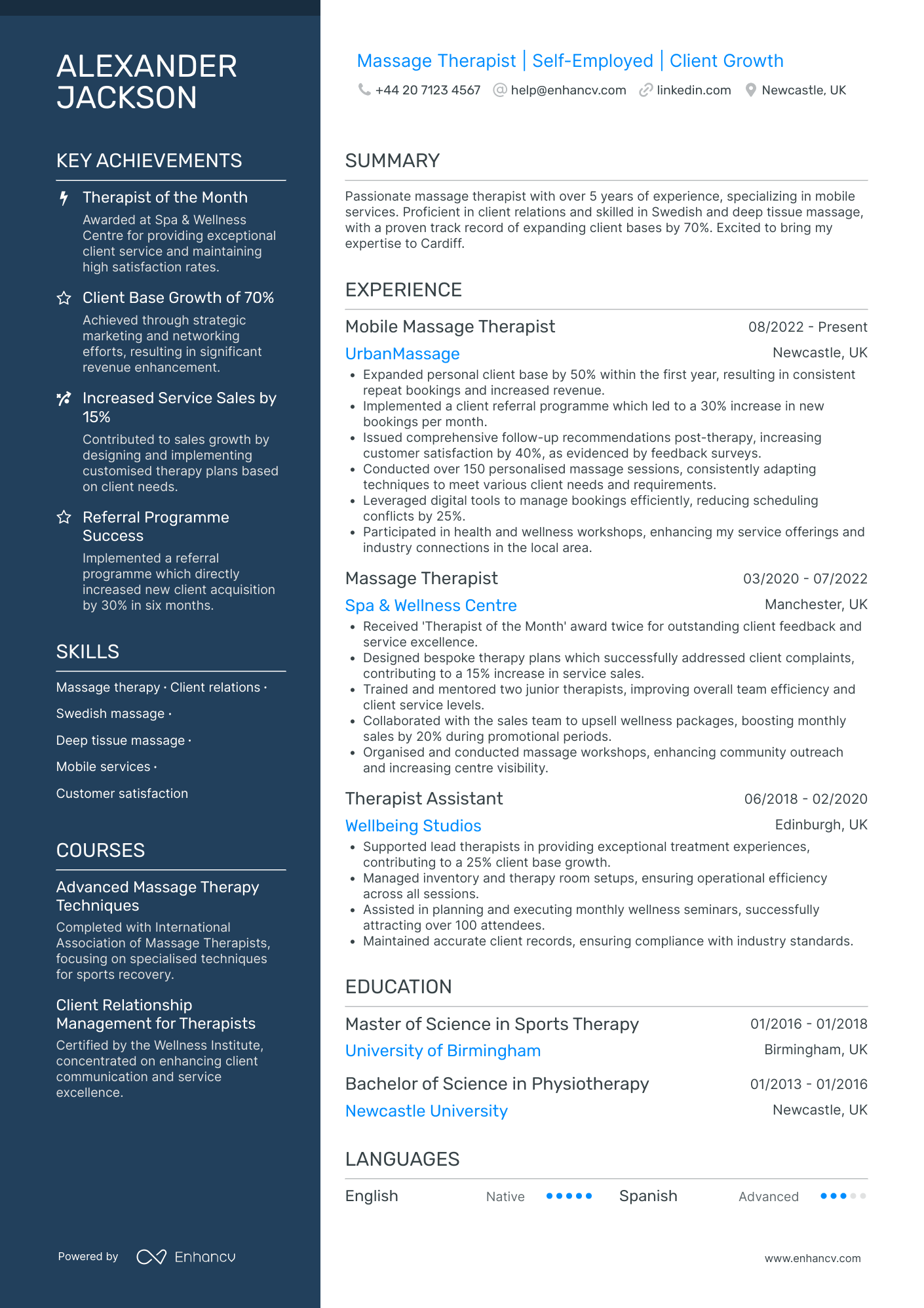On site Massage Therapist Resume Example