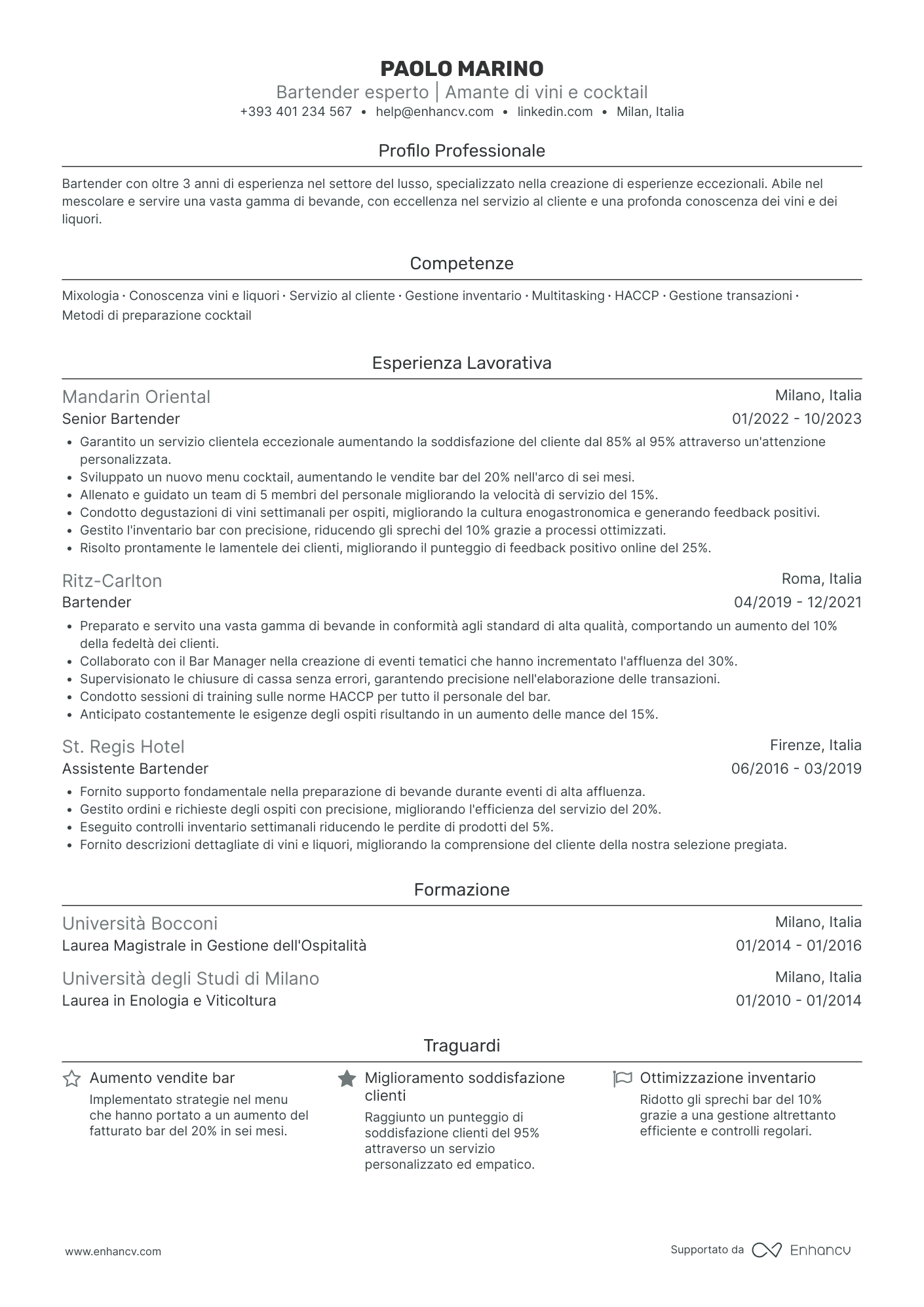 Curriculum di Barista di Specialità Resume Example