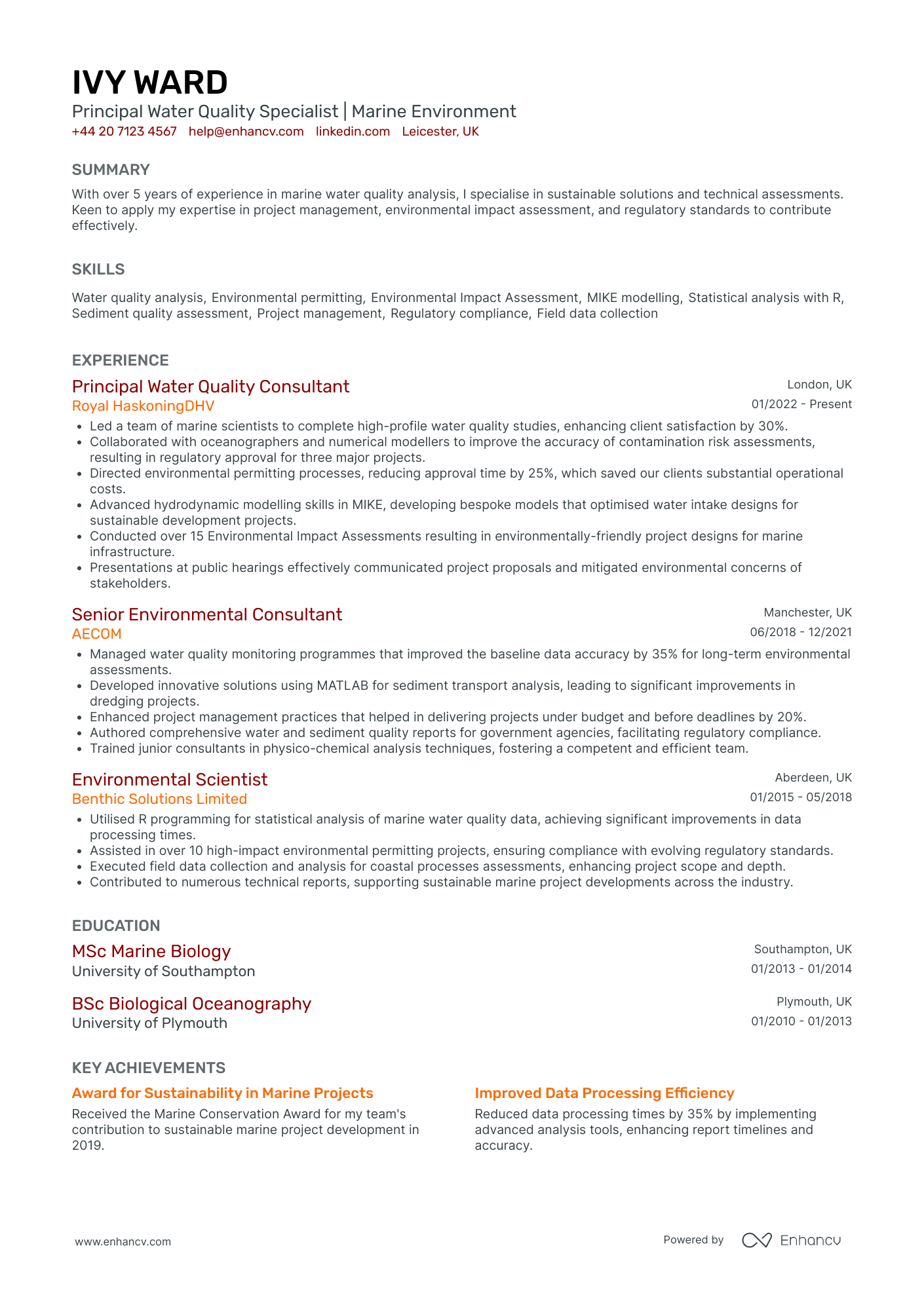 Environmental Consultant in Water Quality Resume Example