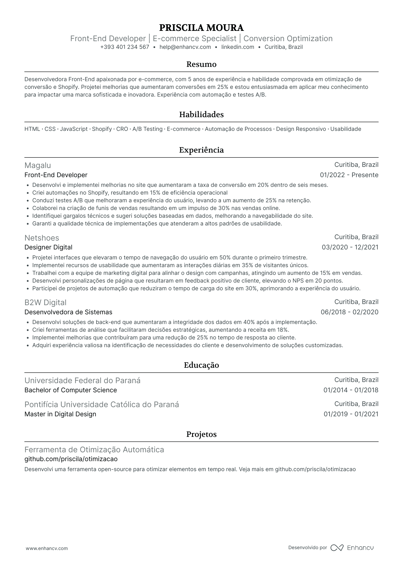 Currículo de Desenvolvedor Front End para Marketing Digital Resume Example