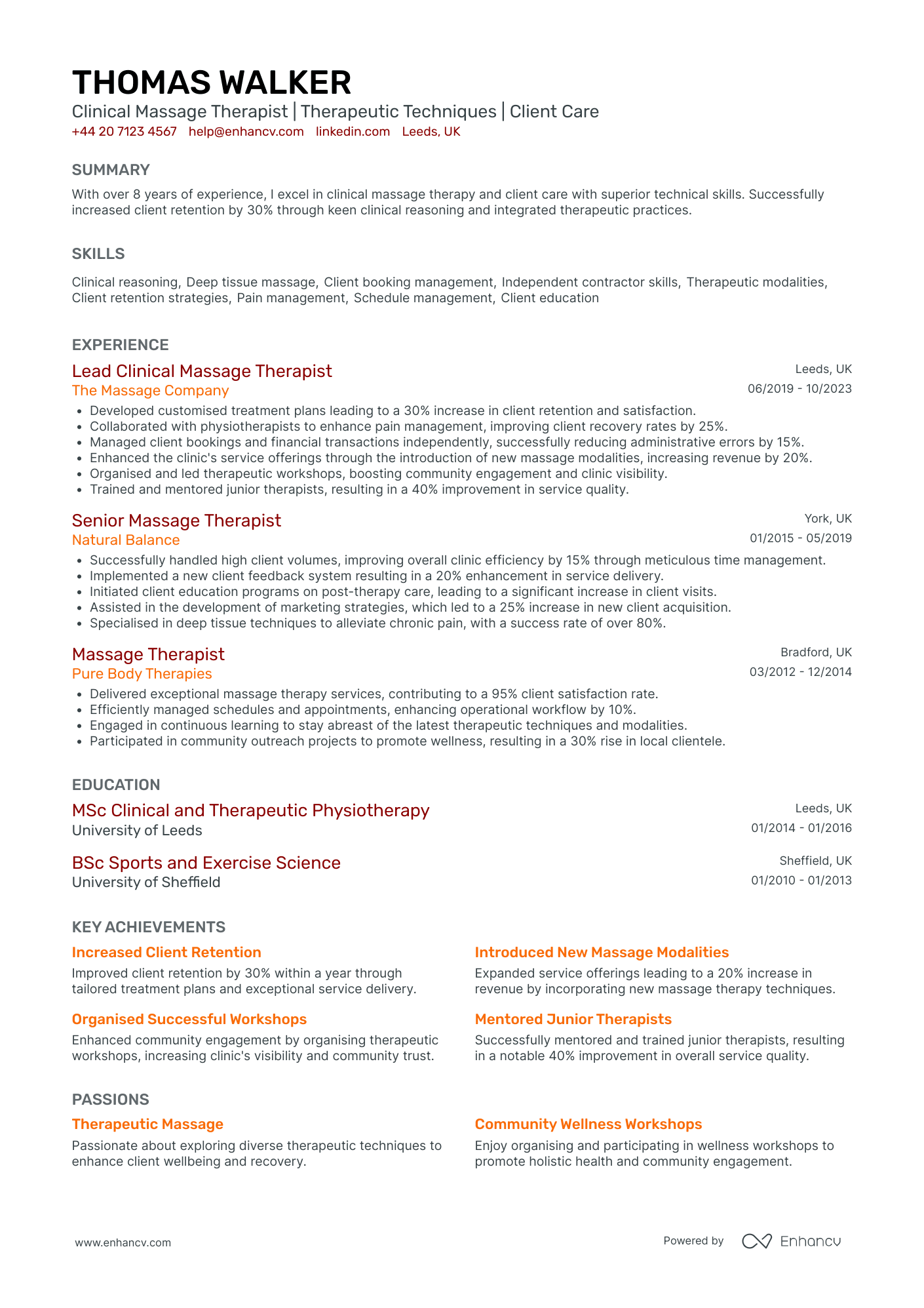 Clinical Massage Therapist Resume Example