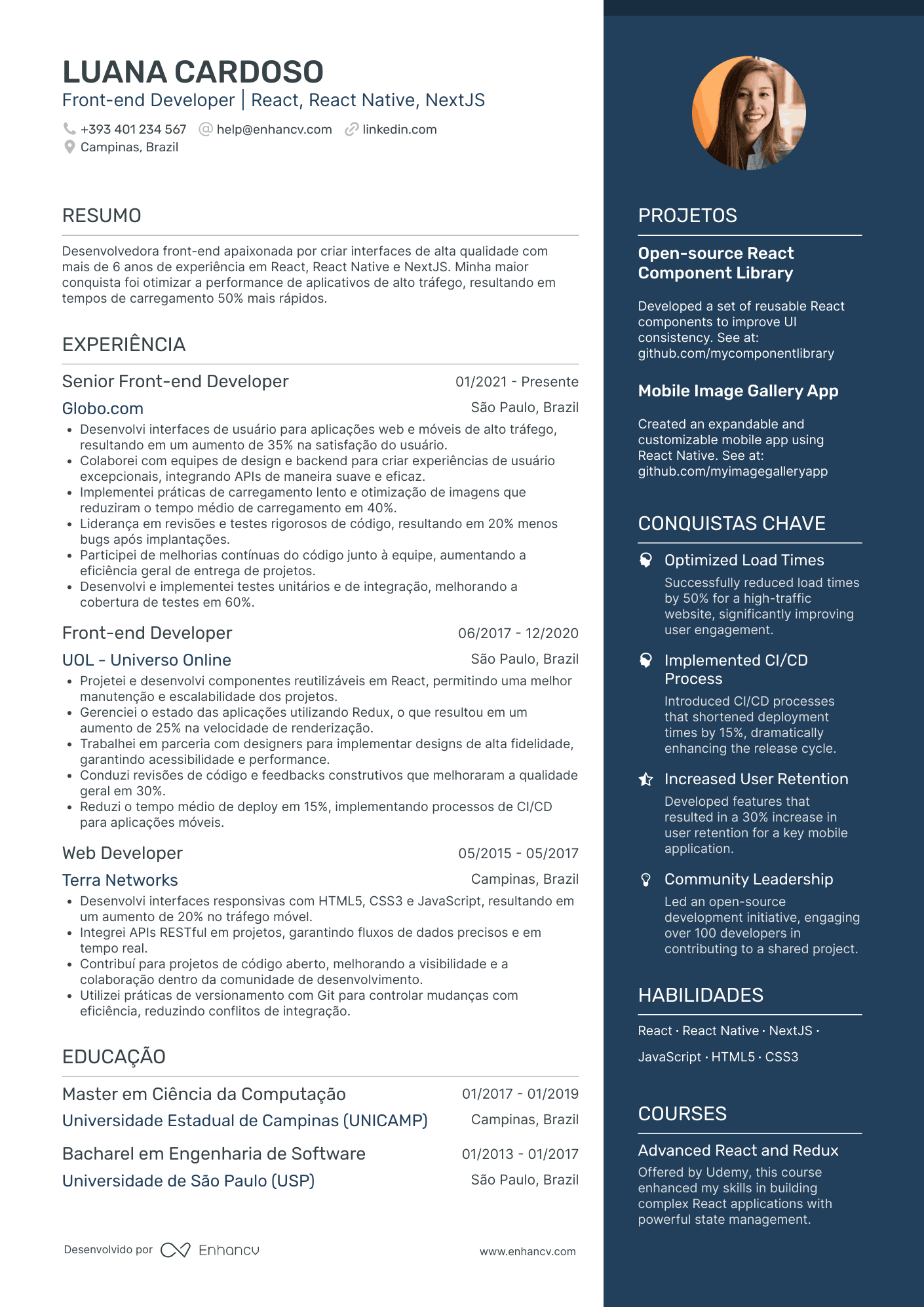 Currículo de Desenvolvedor Front End para Aplicações Móveis Resume Example