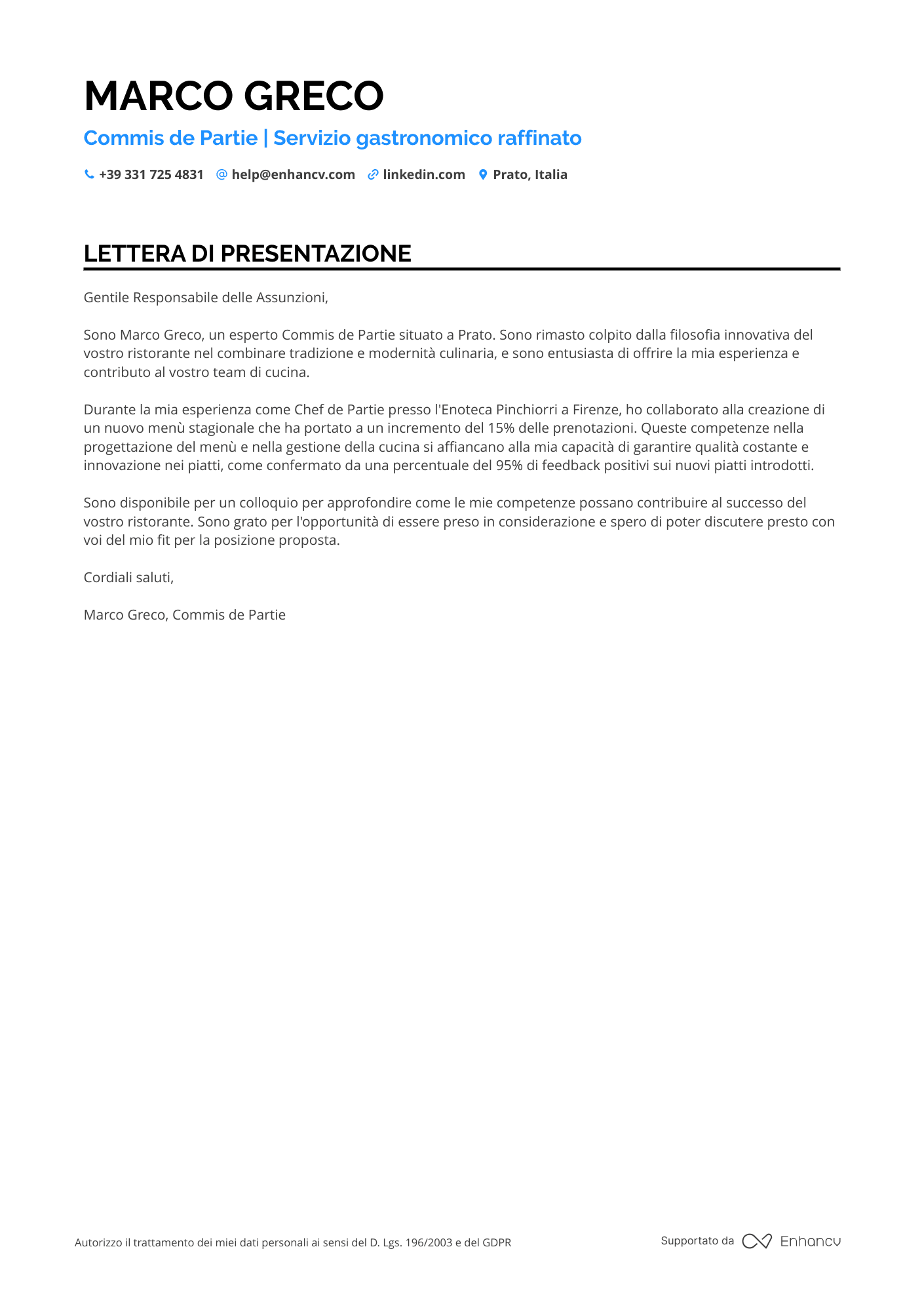 Chef di Cucina Biologica Resume Example
