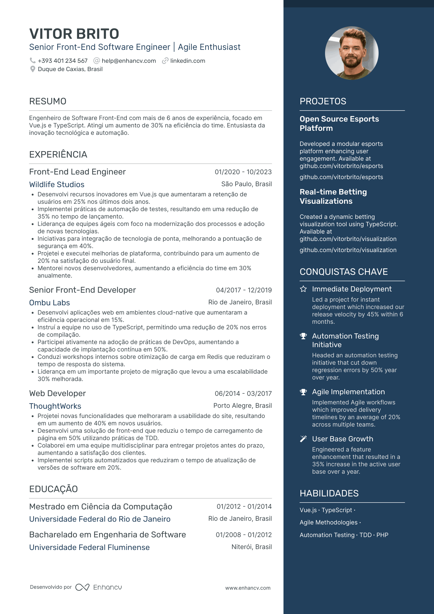 Currículo de Engenheiro de Software de Front End Resume Example