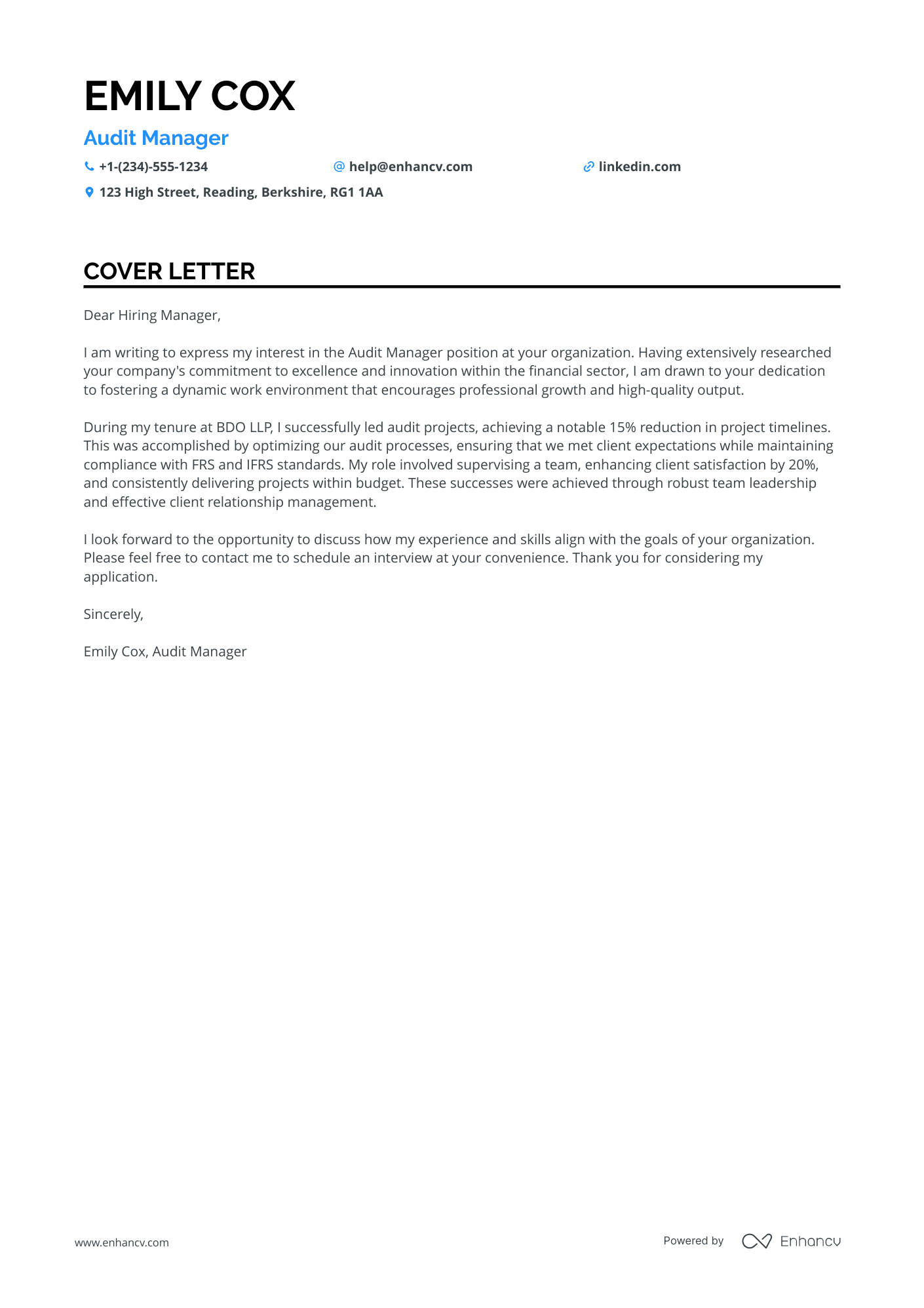 Junior Audit Manager Resume Example