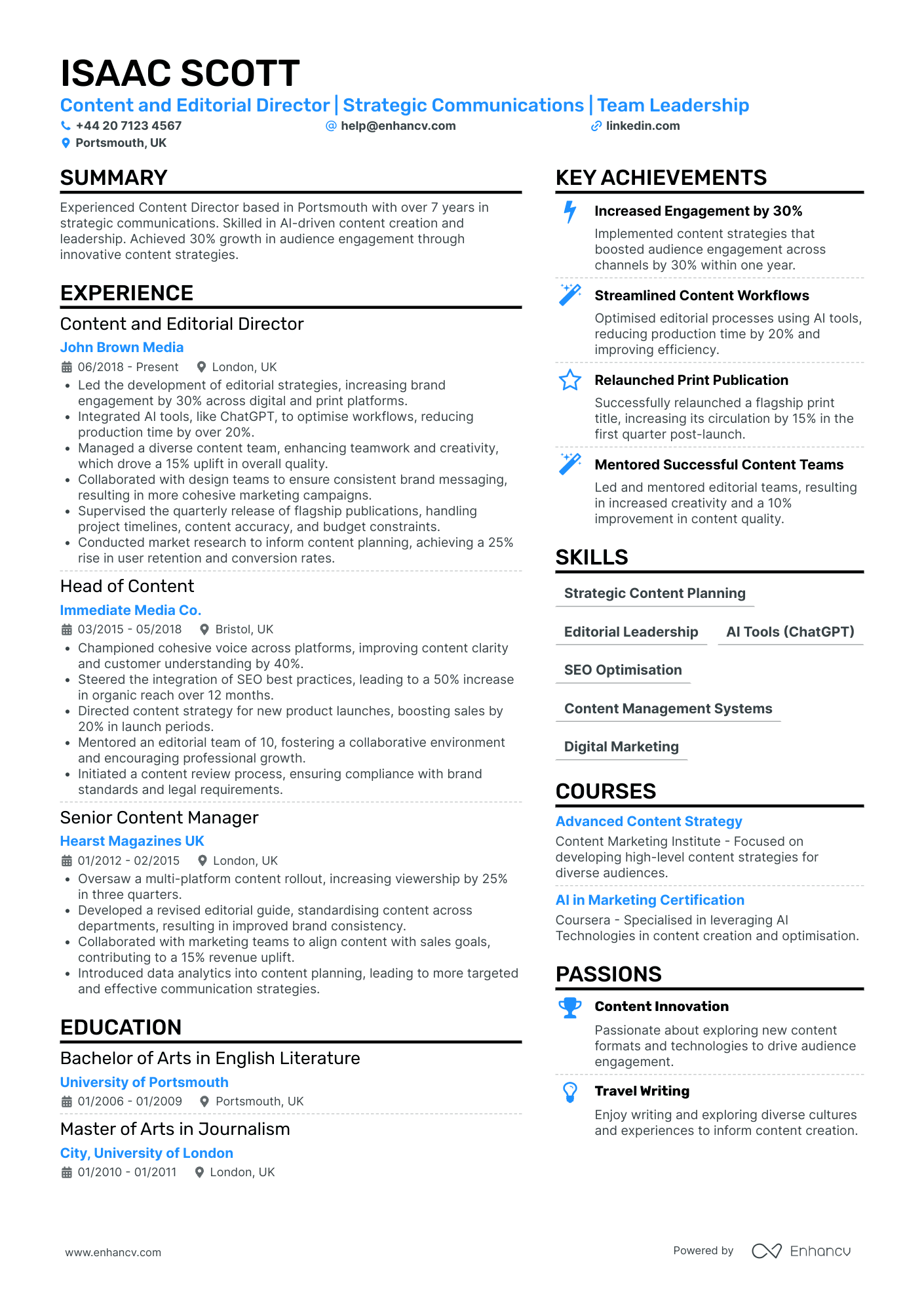 Content and Editorial Manager Resume Example