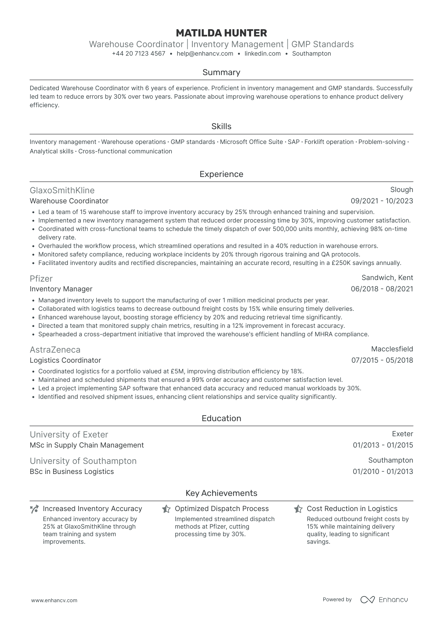 Experienced Warehouse Worker in Pharmaceuticals and experience Resume Example