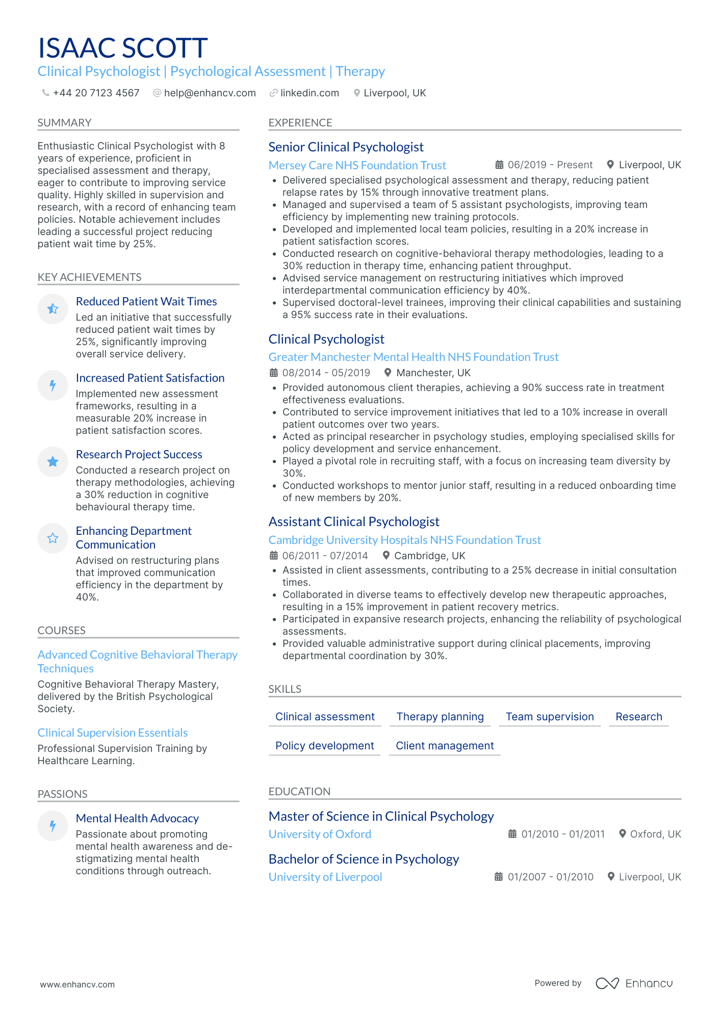 Senior Clinical Psychologist Resume Example