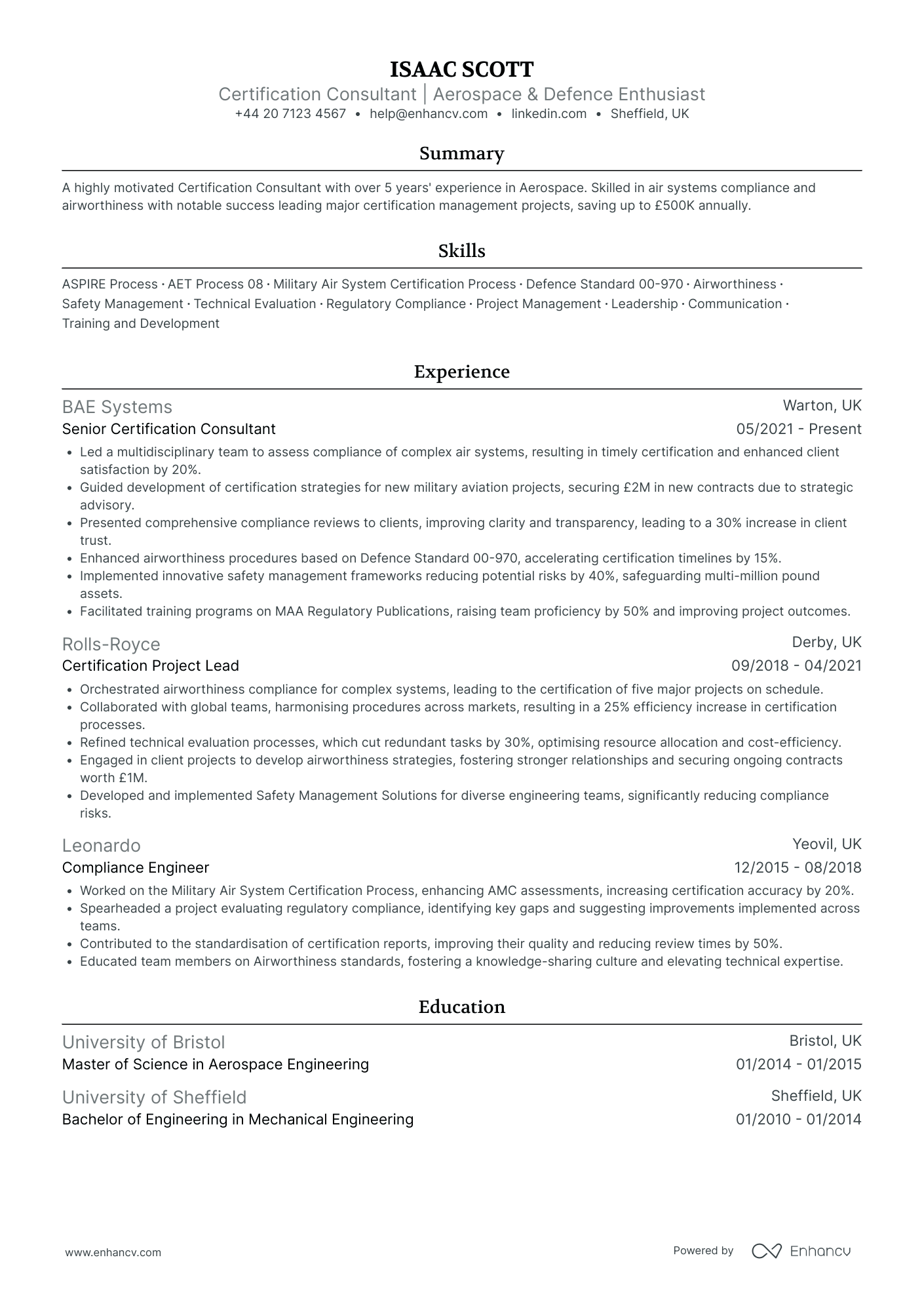 Senior Aerospace Engineering Consultant Resume Example