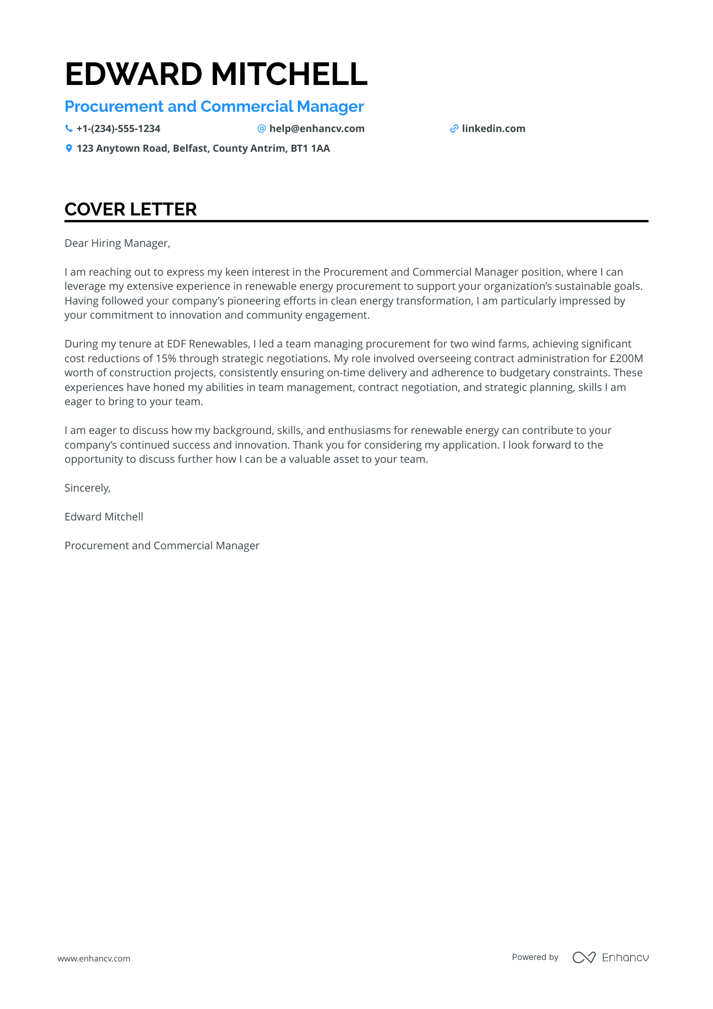 Commercial Procurement Manager Resume Example