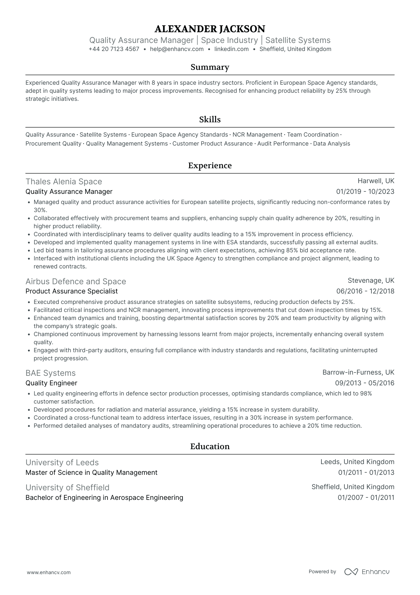 Aerospace Engineering Quality Assurance Manager Resume Example