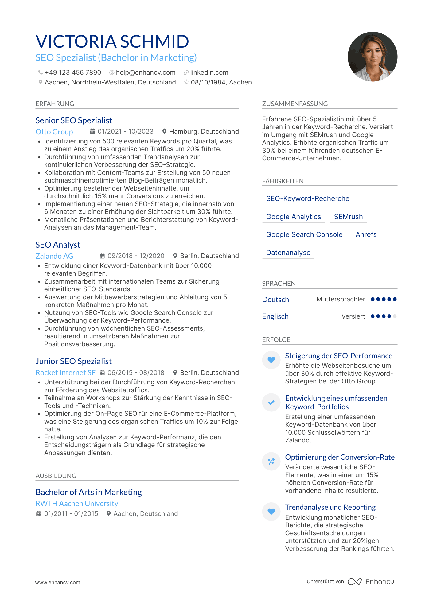 Lebenslauf als SEO Spezialist für Keyword Recherche Resume Example