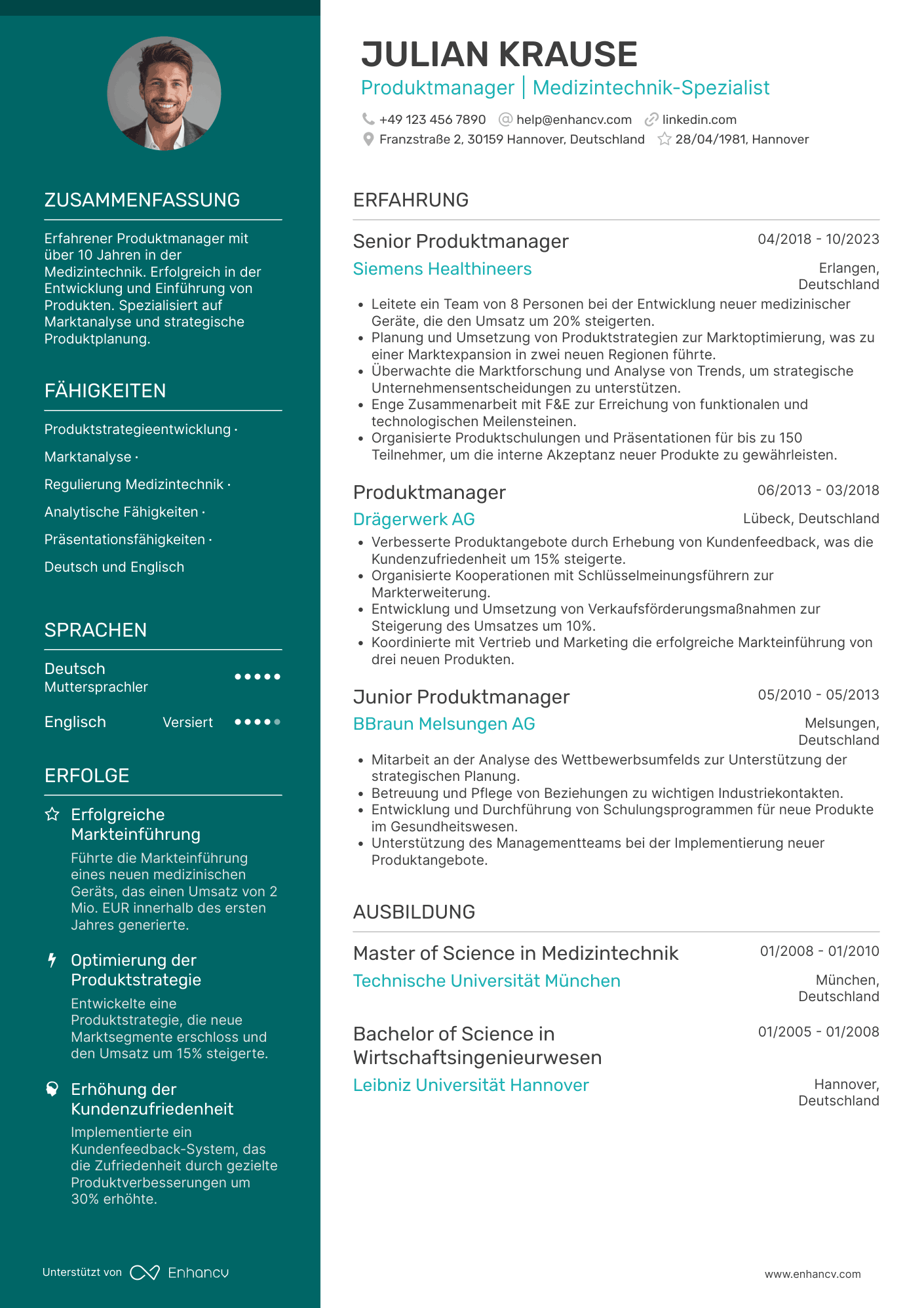 Lebenslauf als Produktmanager für medizinische Geräte Resume Example