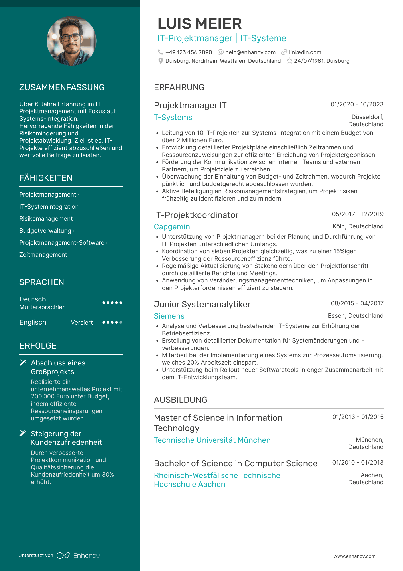 Lebenslauf als Projektmanager für IT Systeme Resume Example