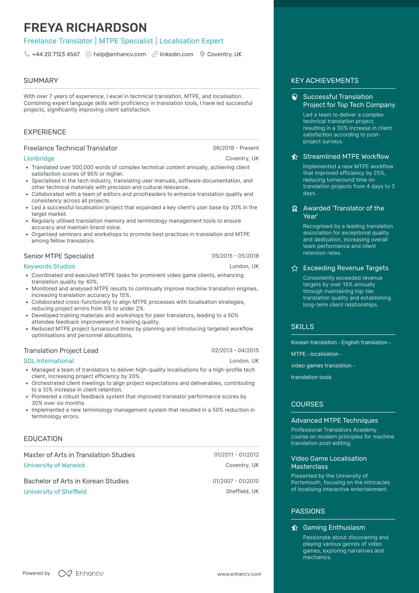 Freelance Technical Translator Resume Example