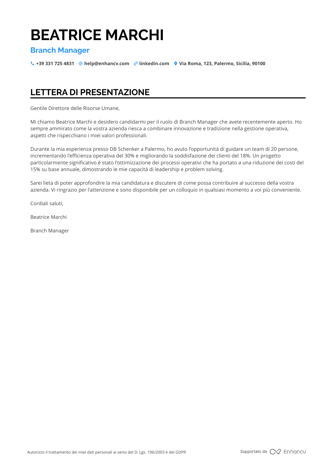 Direttore di Filiale Eurospin Resume Example