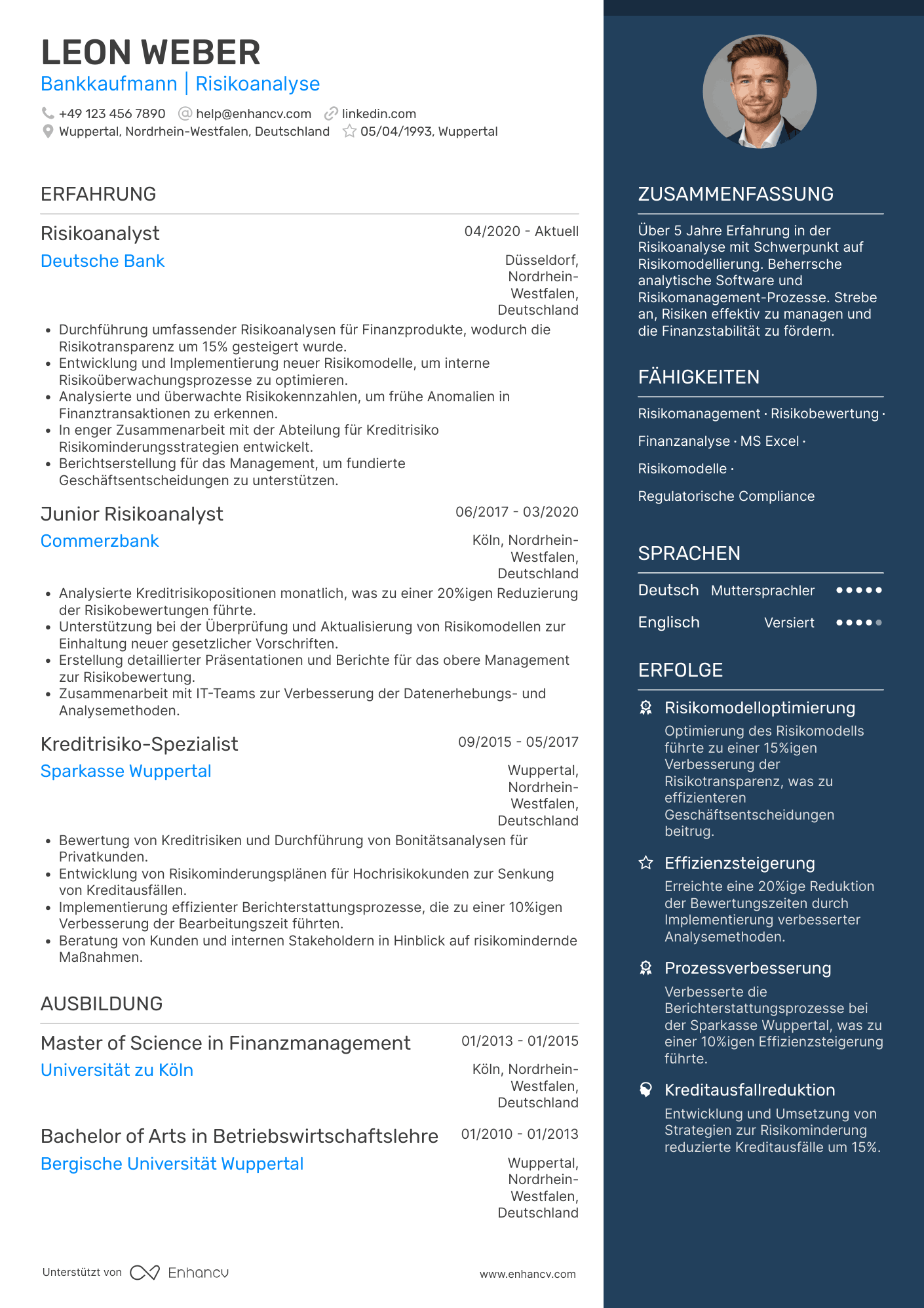 Lebenslauf als Bankkaufmann in der Risikoanalyse Resume Example