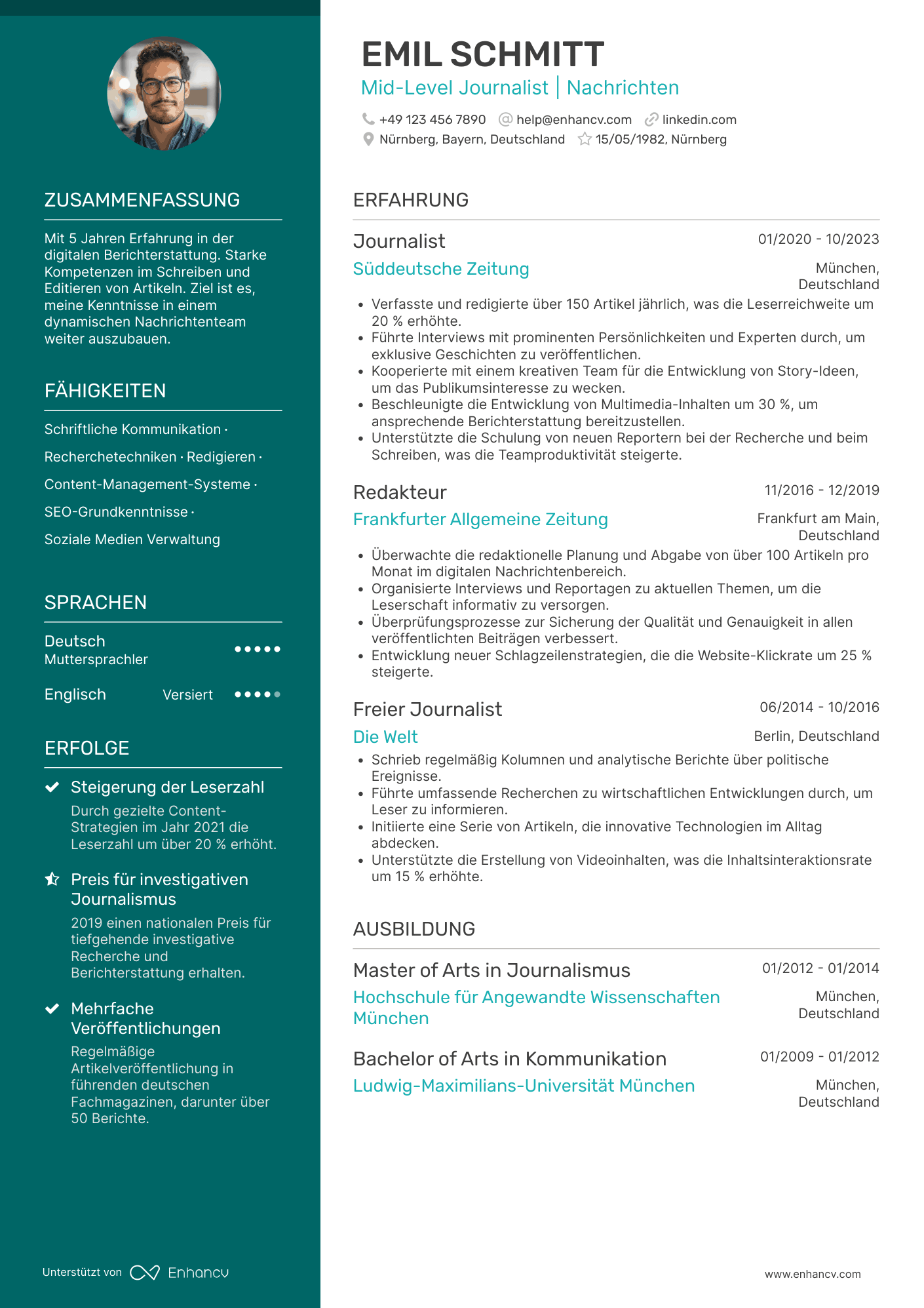 Lebenslauf als Mittleres Level Journalist Resume Example