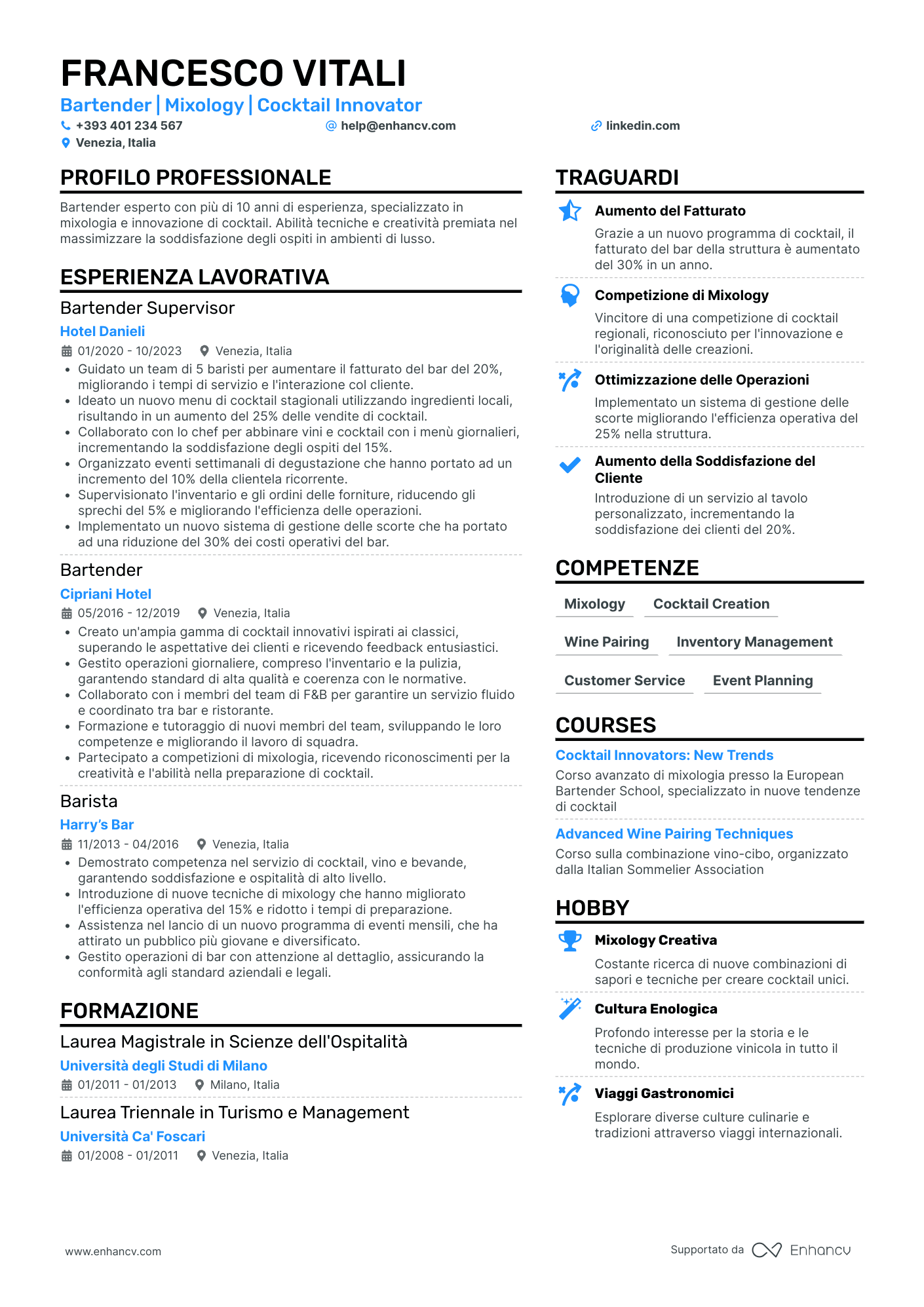 Curriculum di Barista di Hotel Resume Example