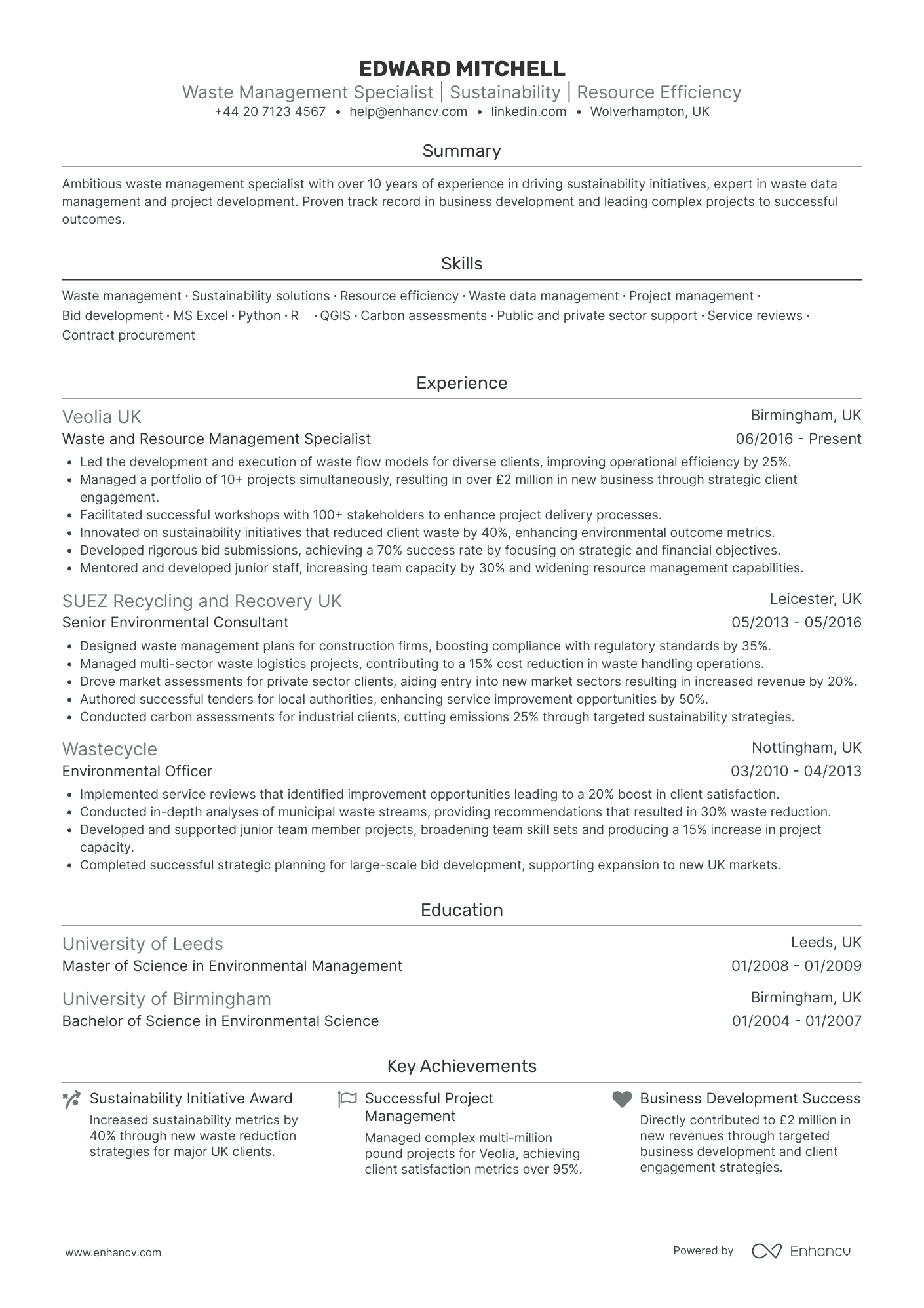Environmental Consultant in Sustainable Development Resume Example