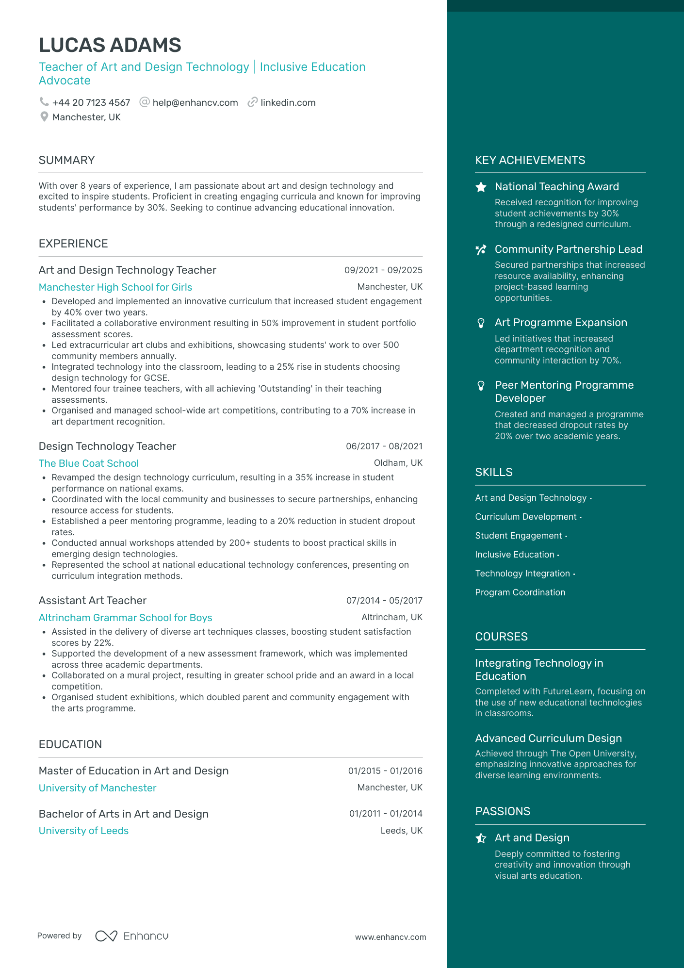 Art and Design Teacher for Higher Education Resume Example
