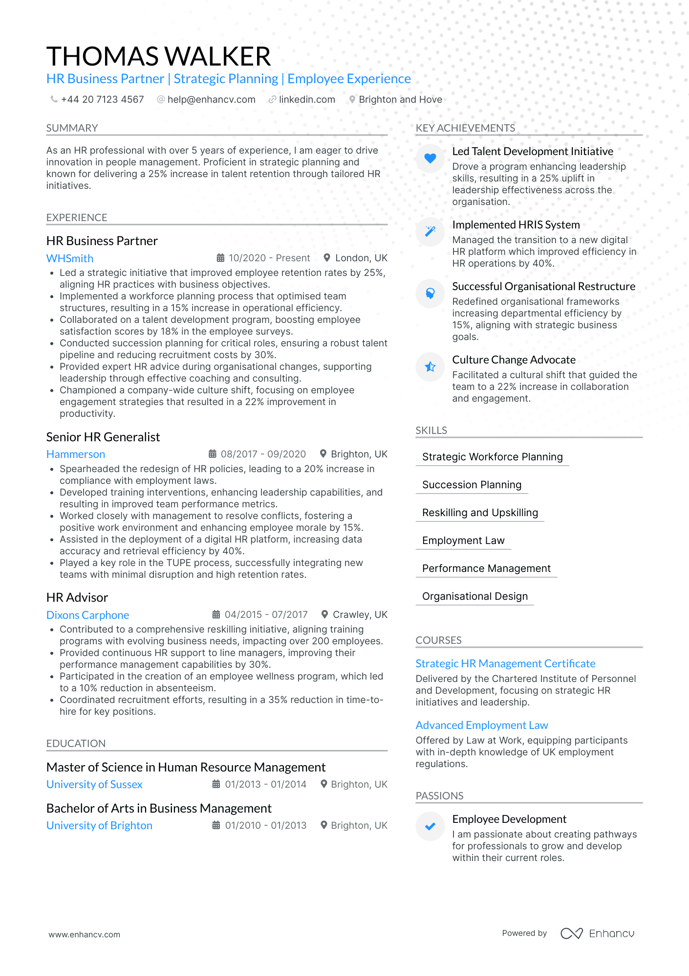 Experienced HR Generalist in Retail and experience Resume Example