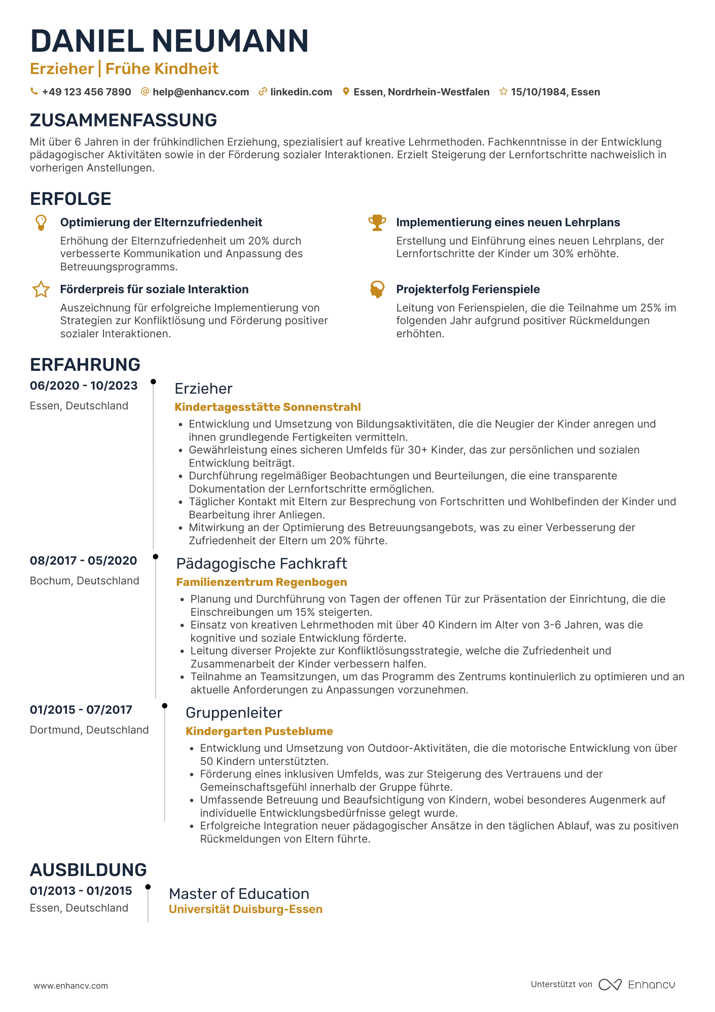 Lebenslauf als Ganztagsbetreuung Erzieherin Resume Example