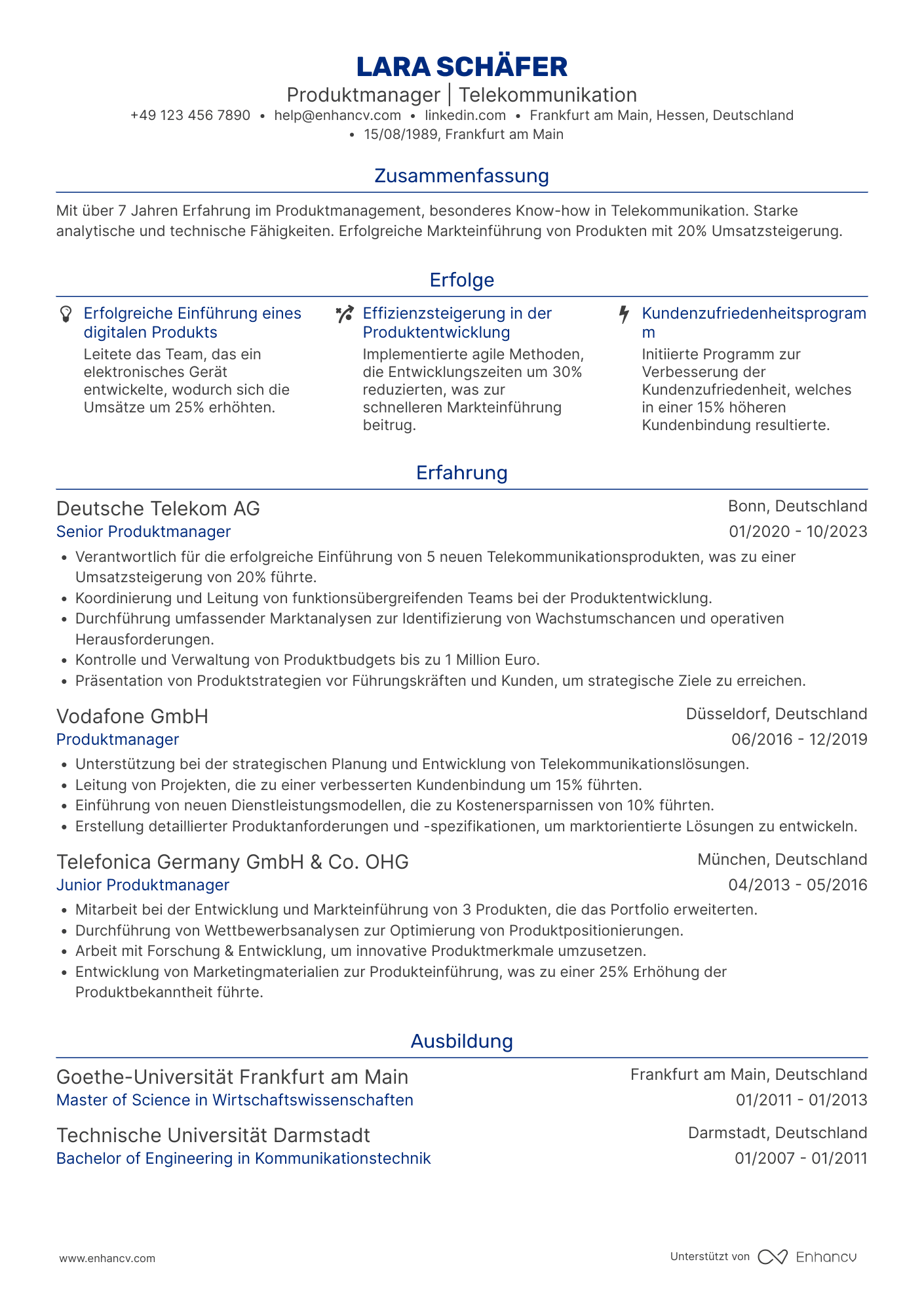 Lebenslauf in Produktmanager in der Telekommunikation Resume Example