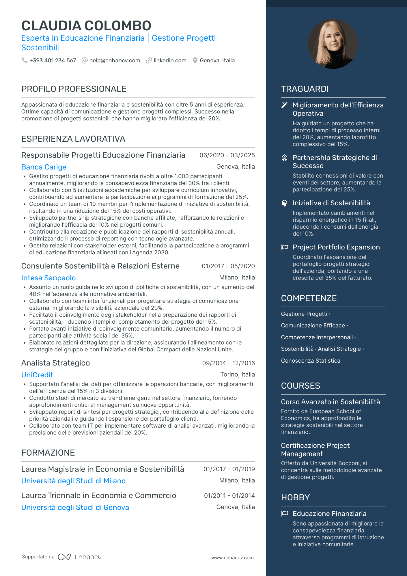 Curriculum di Responsabile Progetto Finanziario Resume Example