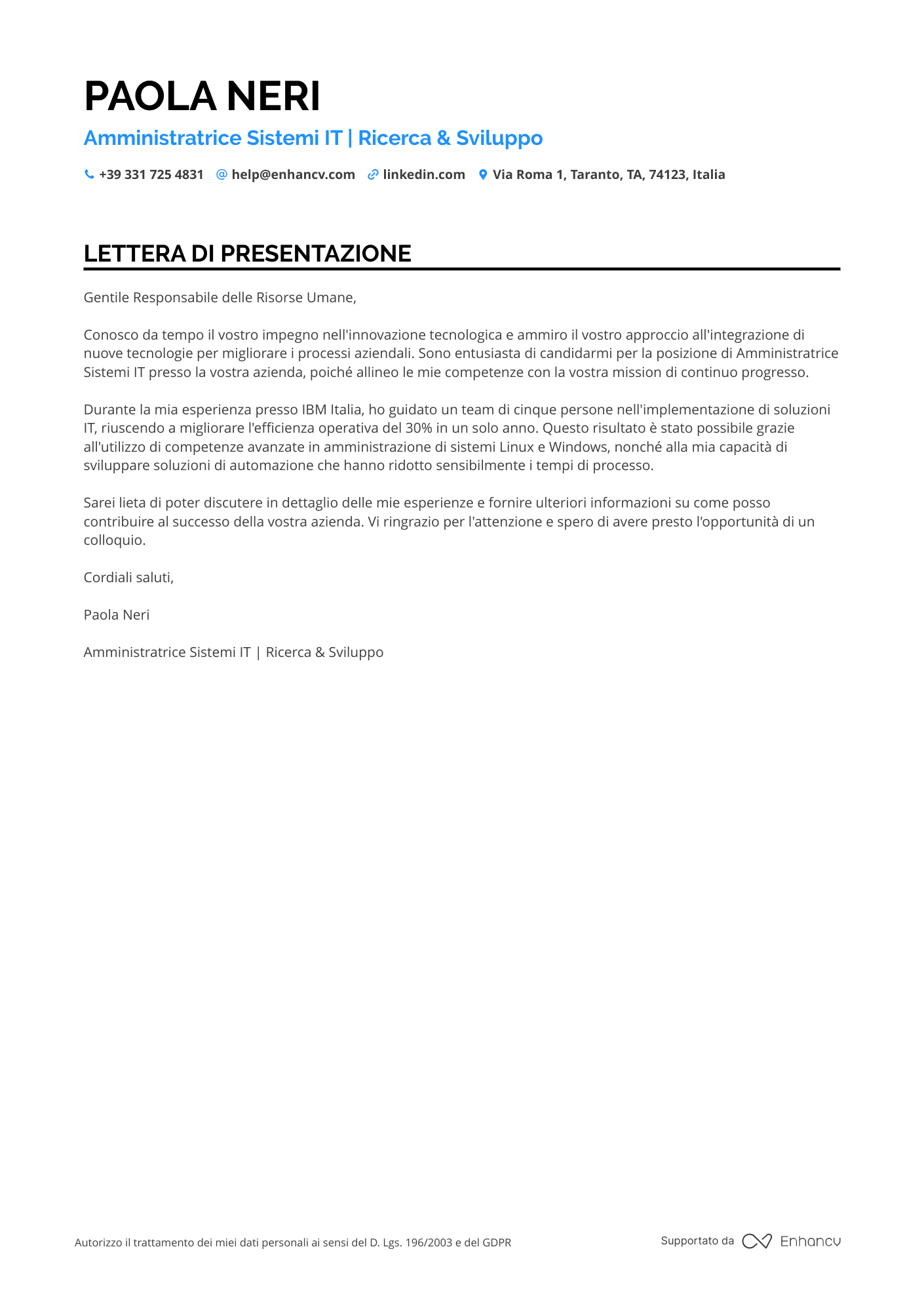 Amministratore di rete OSS Resume Example