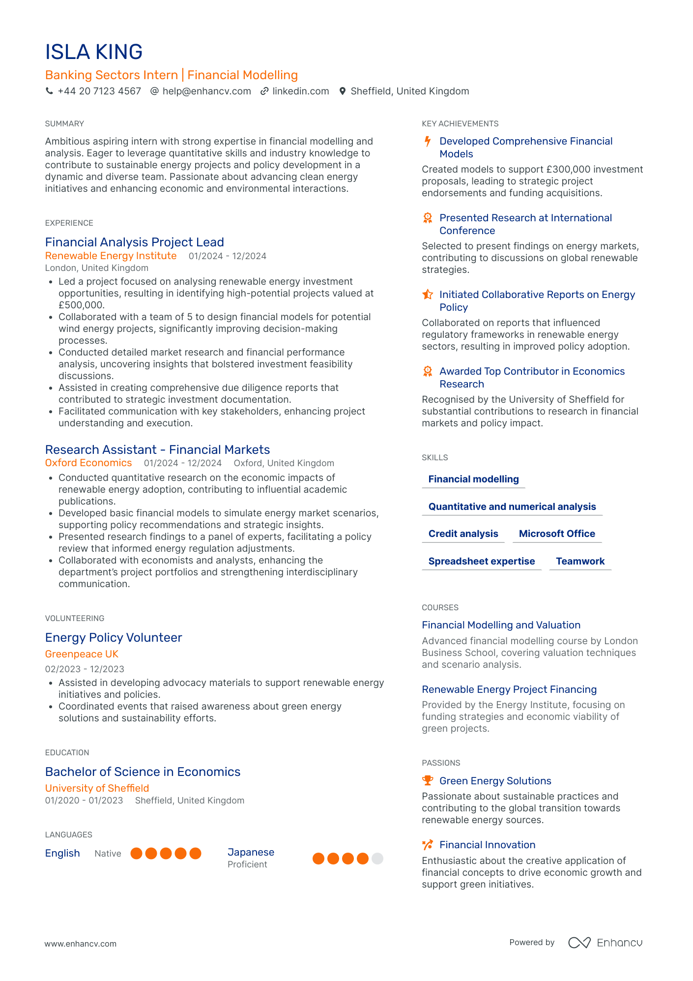 Finance Intern in Consulting Firms Resume Example
