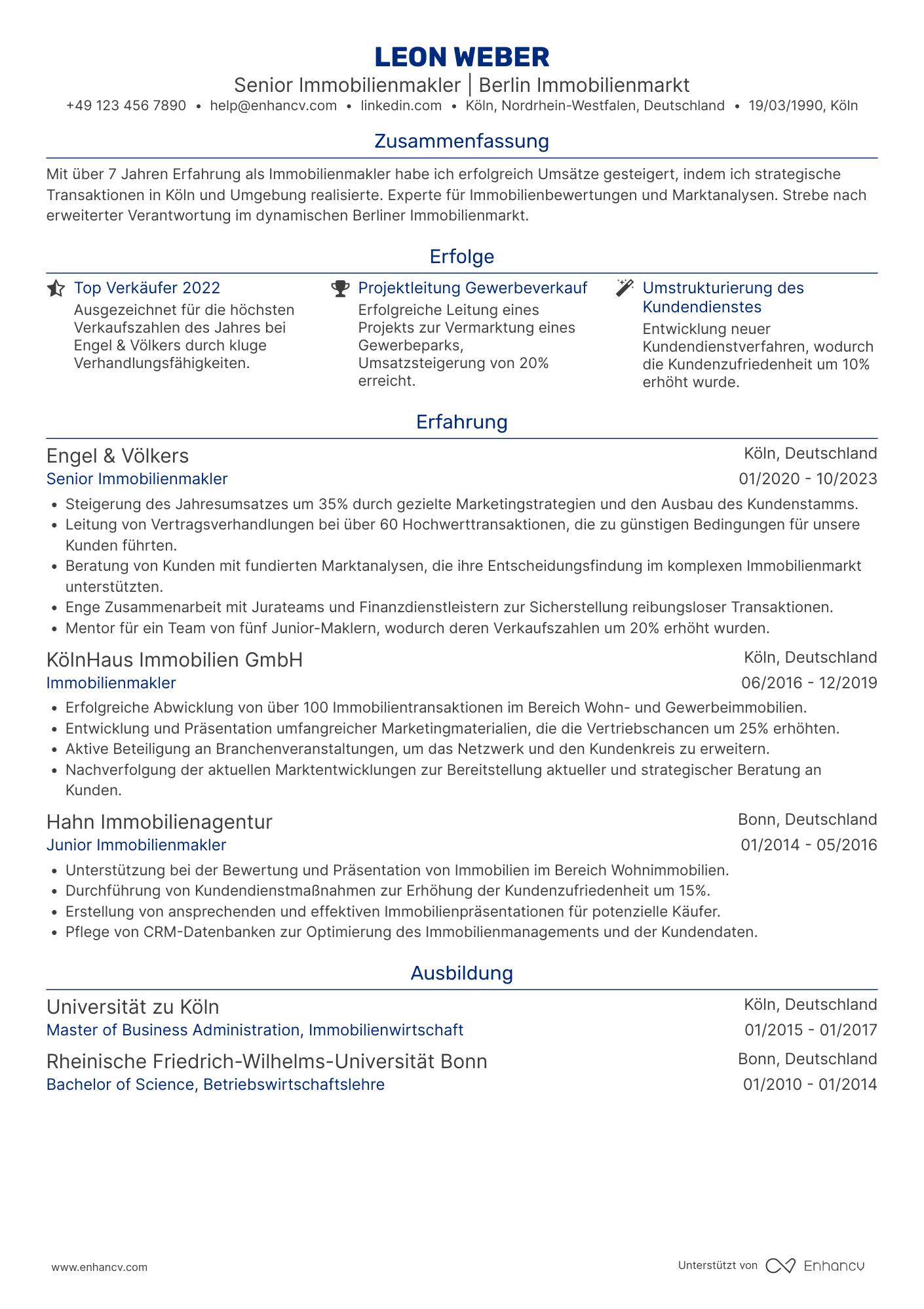 Lebenslauf als Senior Immobilienmakler Resume Example