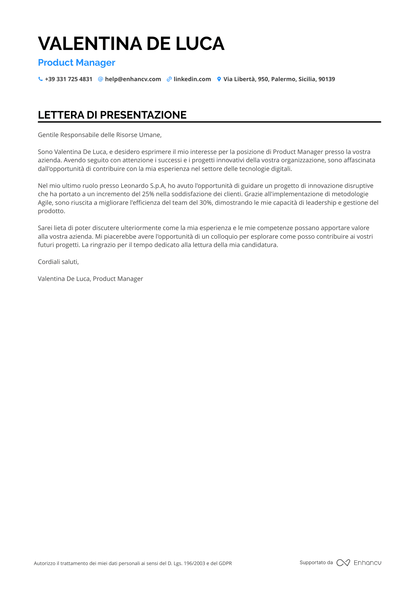 Chef di Cucina Regionale Resume Example