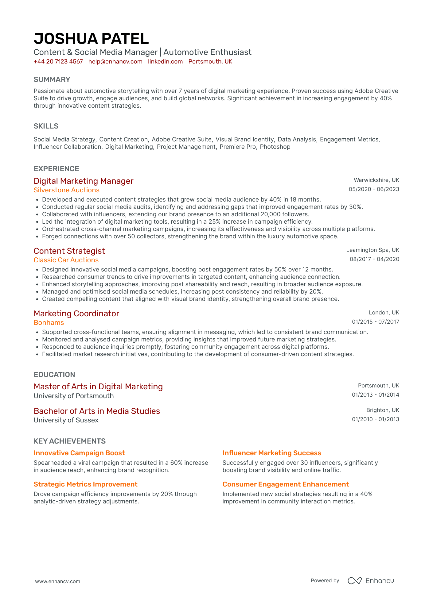 Social Media and Content Manager Resume Example