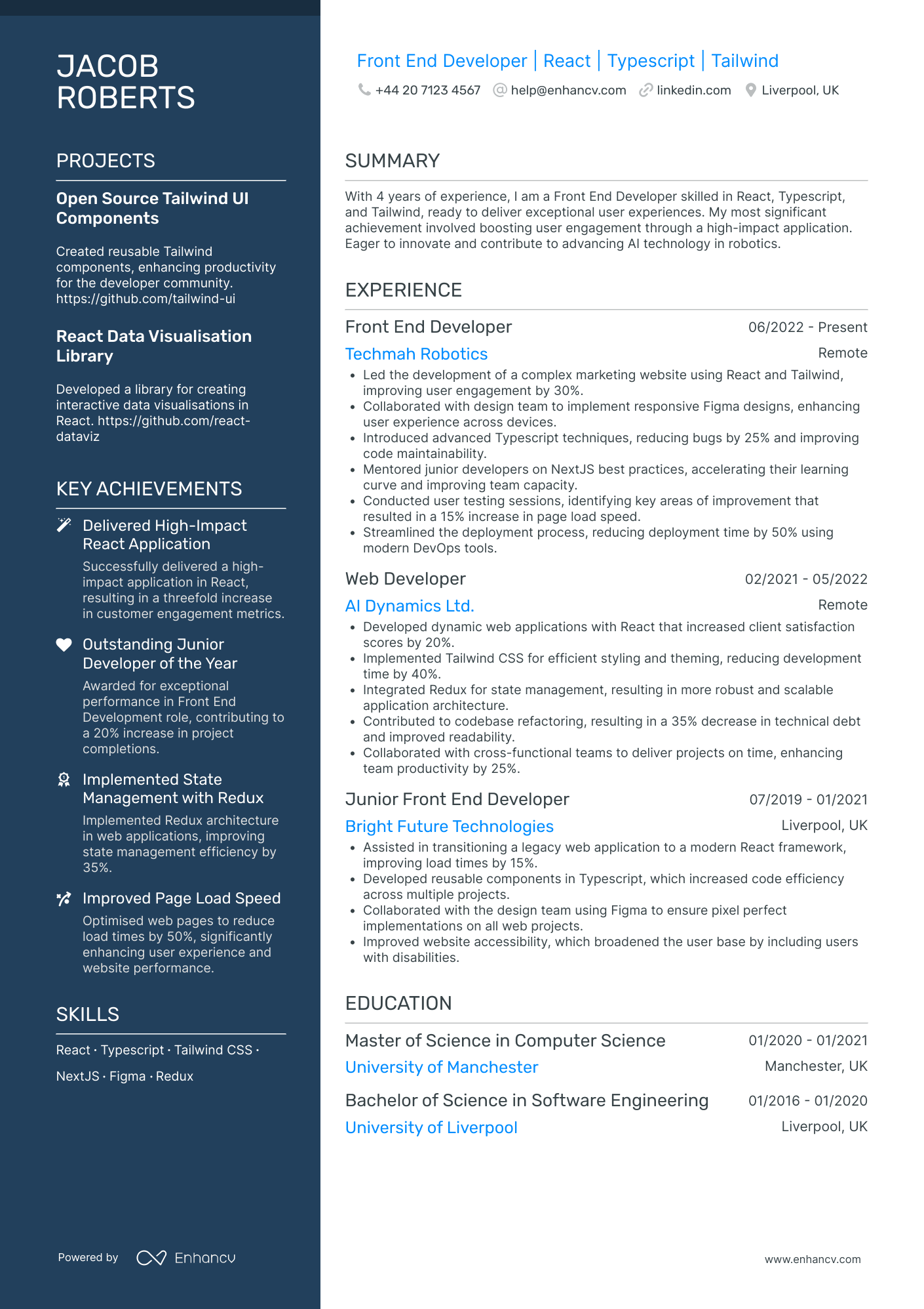 Front End Developer in Retail Resume Example