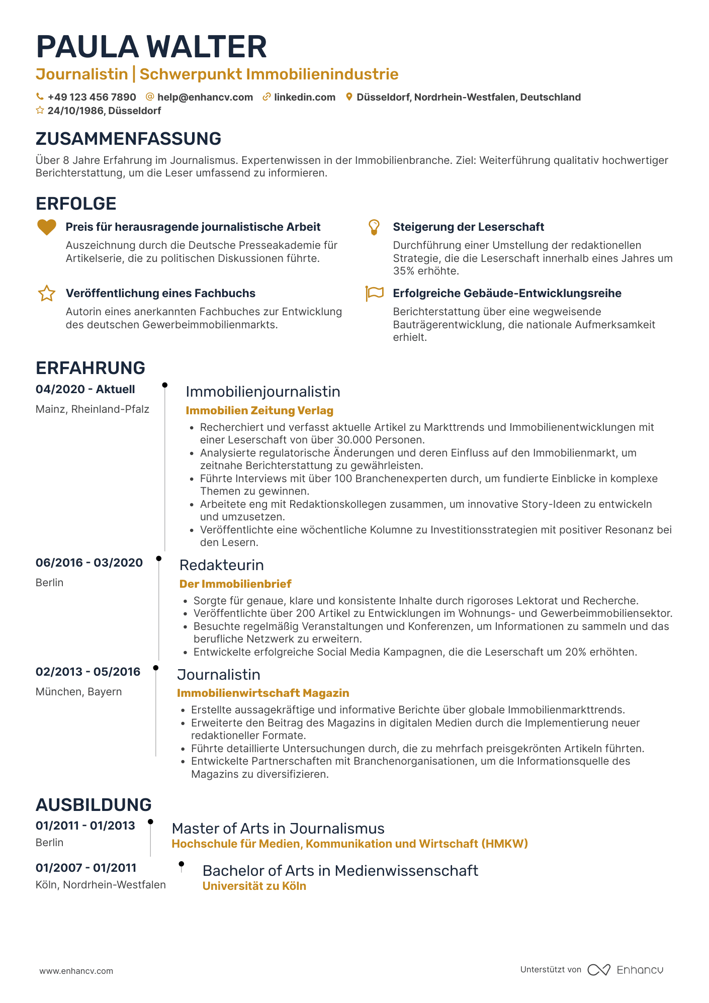 Lebenslauf in Immobilienindustrie Journalist Resume Example