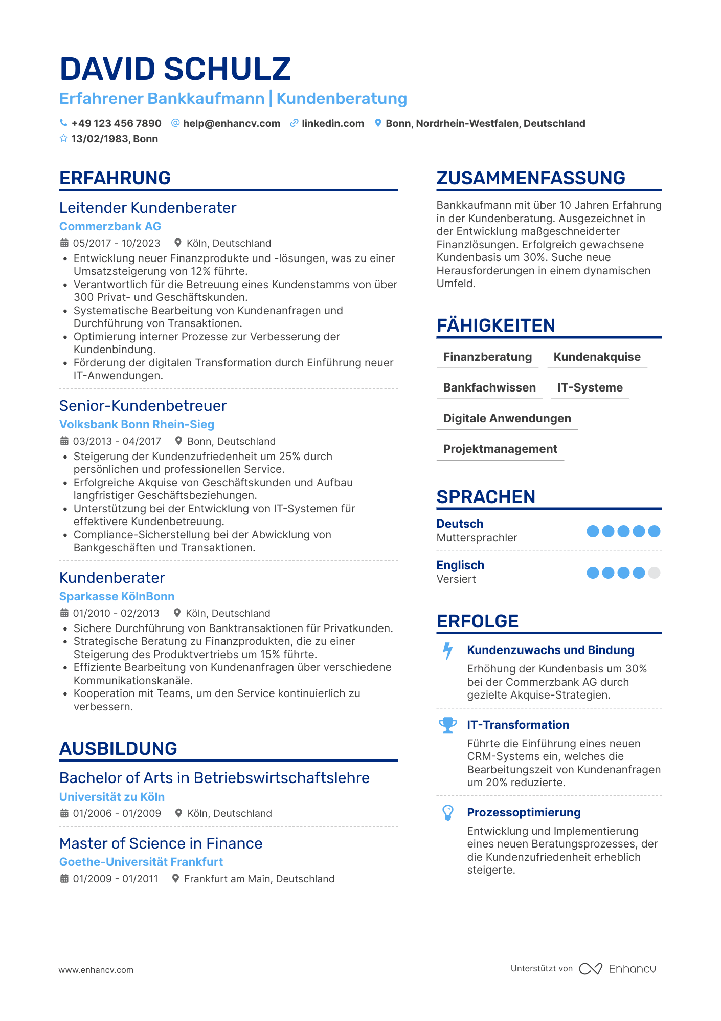 Lebenslauf als Erfahrener Bankkaufmann Resume Example
