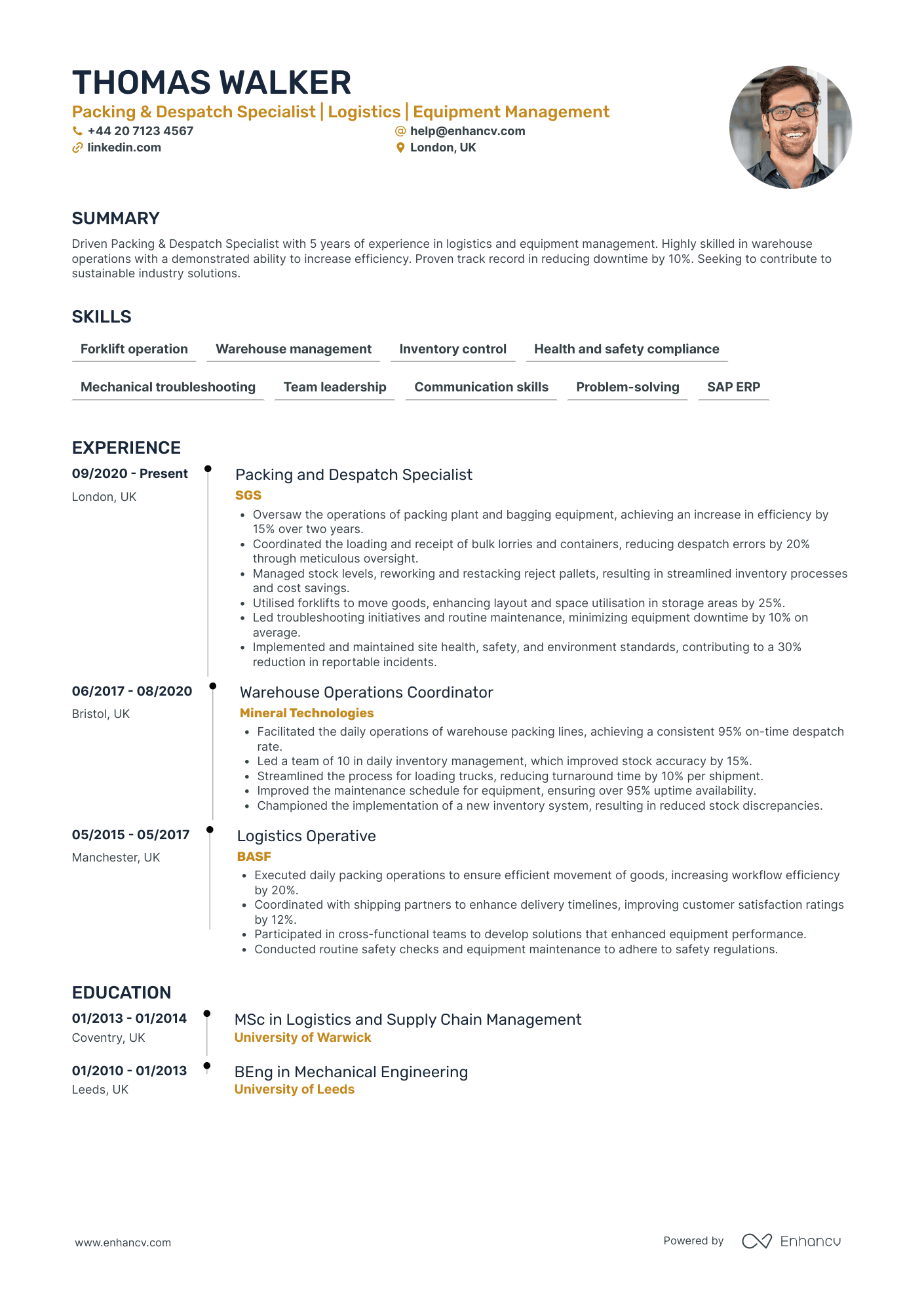Warehouse Worker in Manufacturing Resume Example