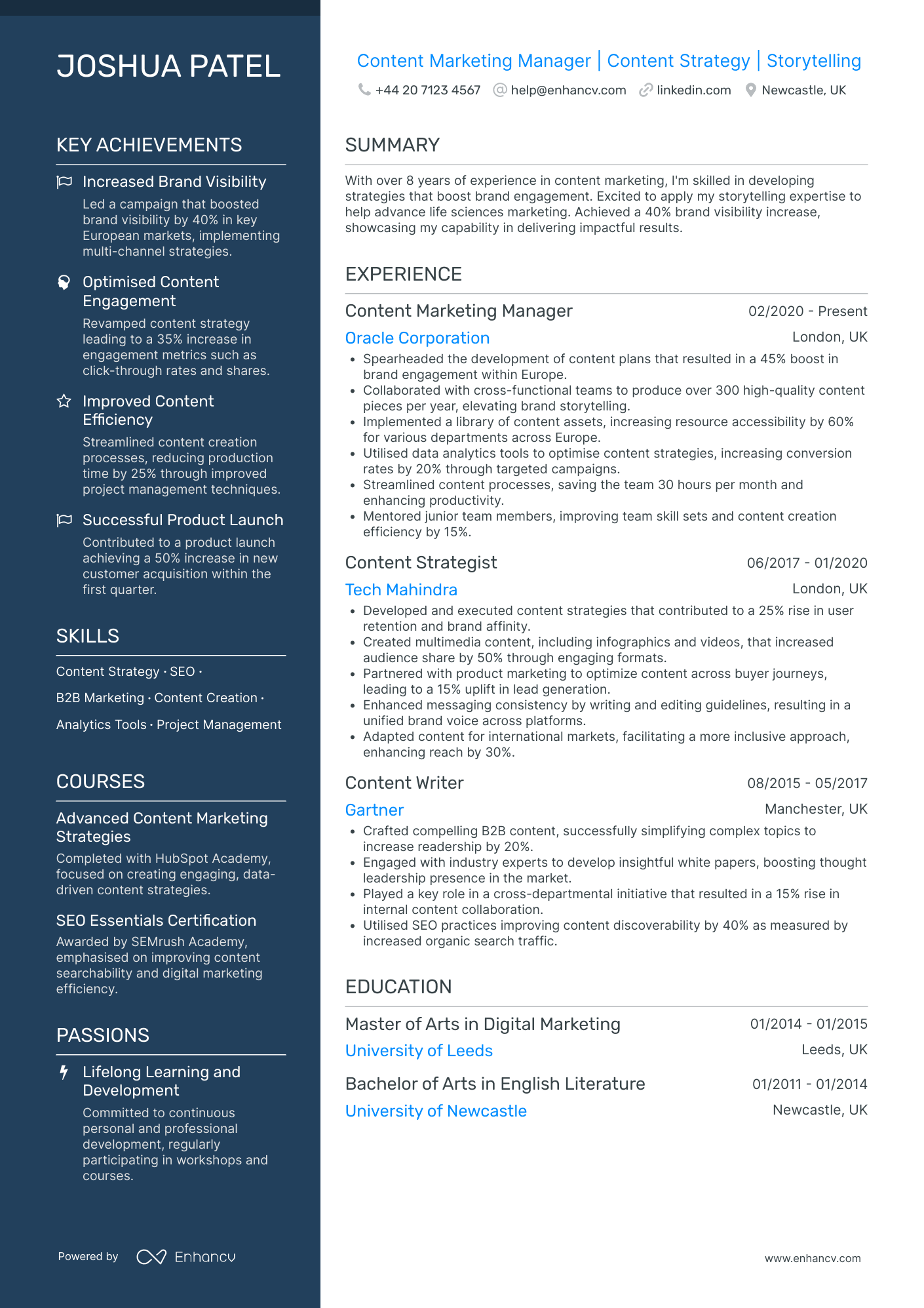 Content Marketing Manager Resume Example