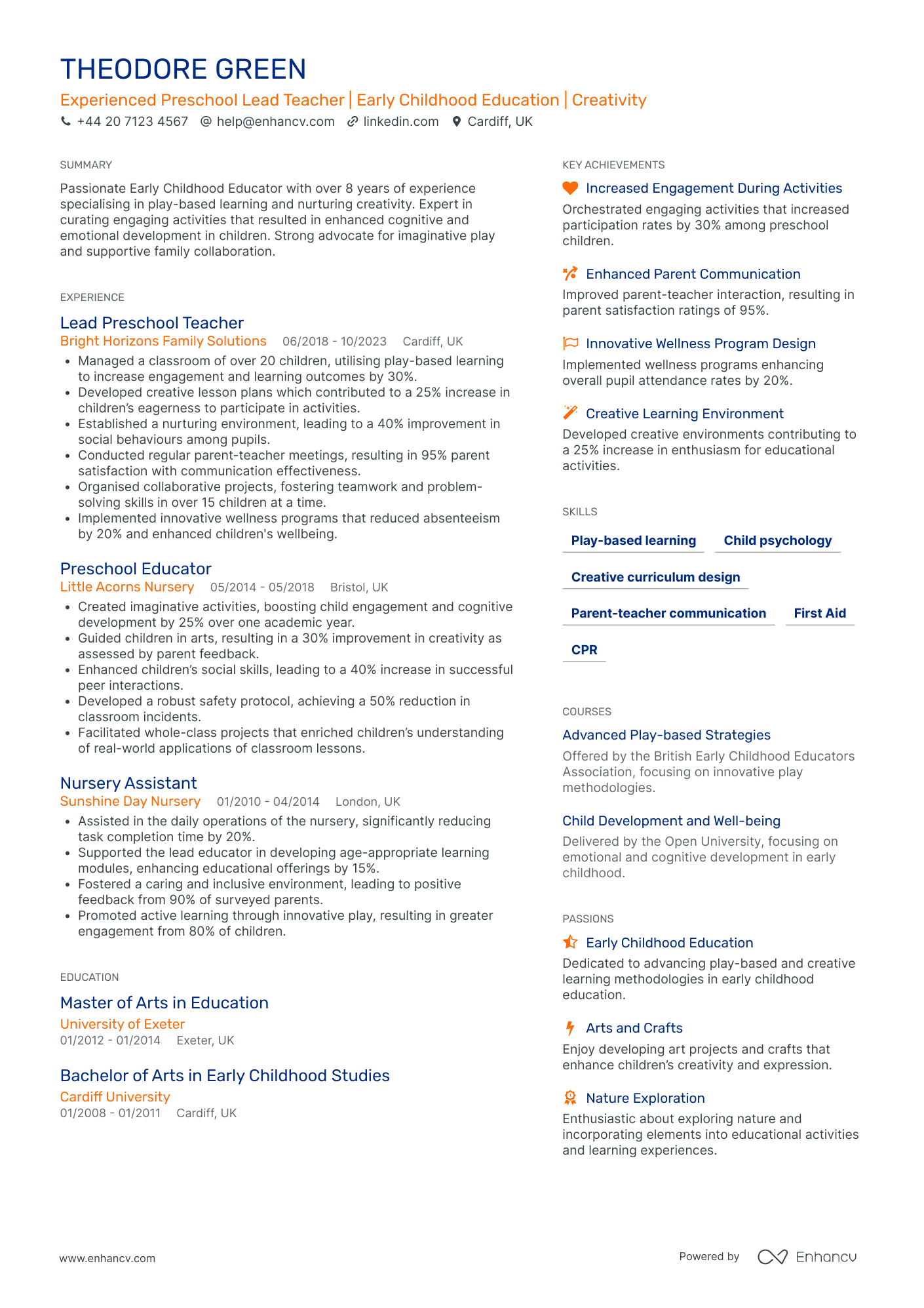 Experienced Preschool Teacher Resume Example