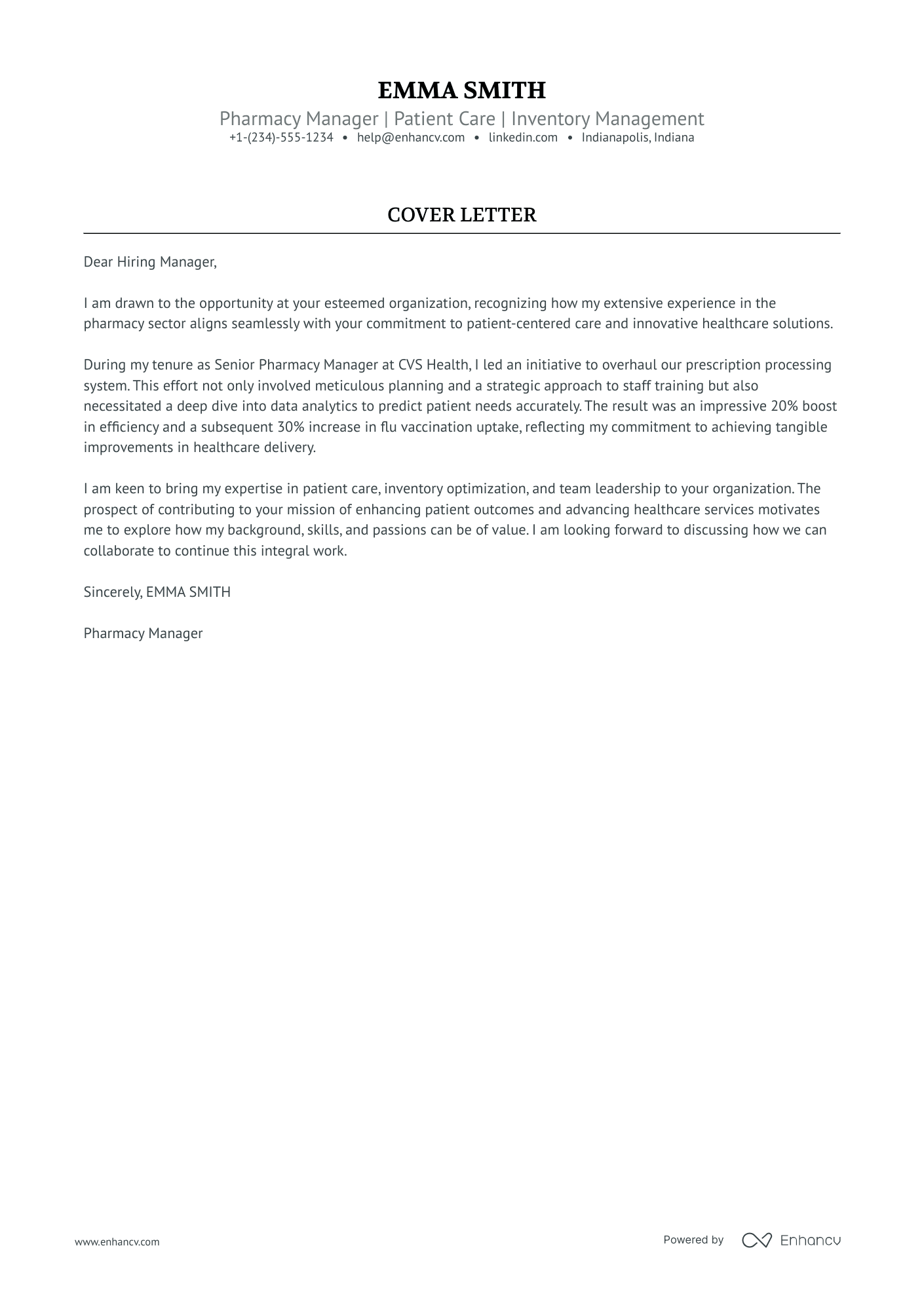 Pharmacy Manager cover letter