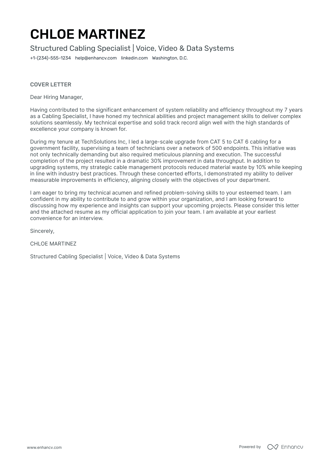 Cable Technician cover letter