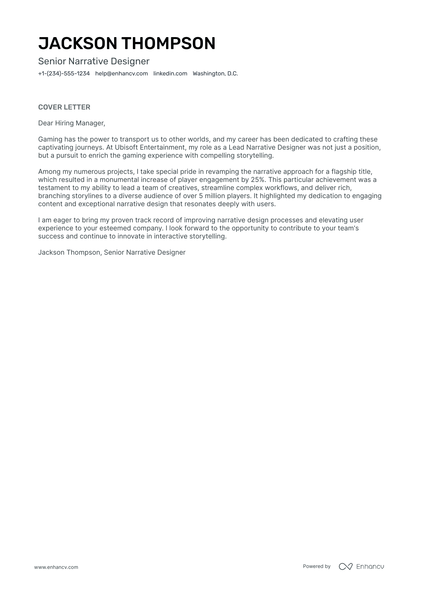 Narrative Designer cover letter