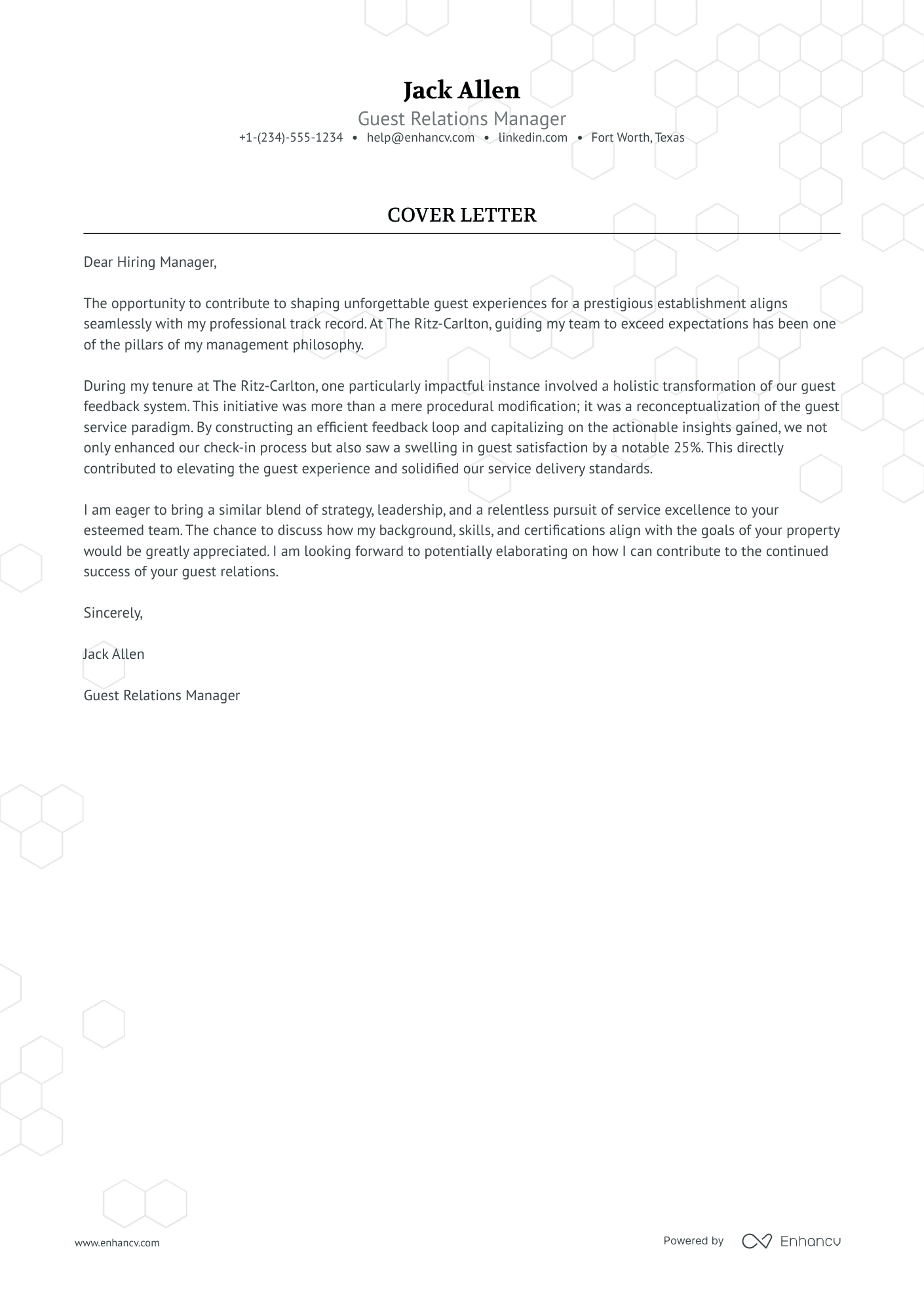 Guest Relations Manager cover letter